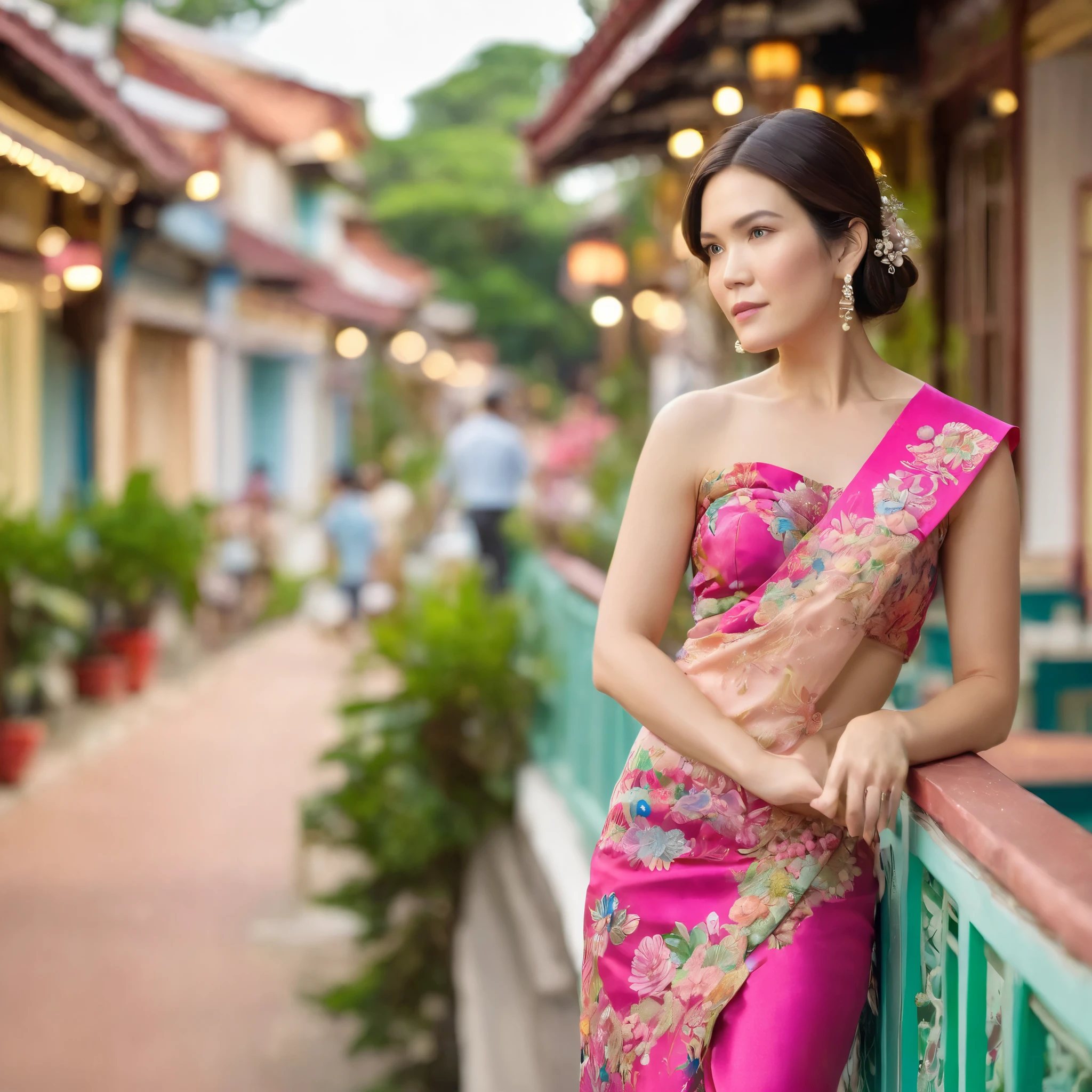 best quality, highres, 8k, masterpiece, photography, detailed midbody photorealistic portrait. Mandy Moore exudes elegance in a fuchsia pink sarong kebaya, intricately embroidered with floral motifs, paired with a vibrant batik wrap skirt. She walks along the iconic Joo Chiat shophouses, her hair styled in an old-Hollywood-inspired wave, pinned to one side with a beaded hair clip. She wears delicate pearl earrings, a vintage Peranakan brooch, and embroidered Nyonya beaded shoes. The scene captures her pausing to admire the pastel-hued Peranakan terrace houses, while holding a traditional Chinese porcelain teacup with delicate floral designs. 40 years old, (real skin texture: 1.3), (slender figure: 1.1), six-pack abs, (Immersive Ambience, Chiaroscuro: 1.5, Dim Light: 1.2, Glow Lighting), (Bokeh: 1.5), Blurred, high contrast, (Fuji colours: 1.5), film grain