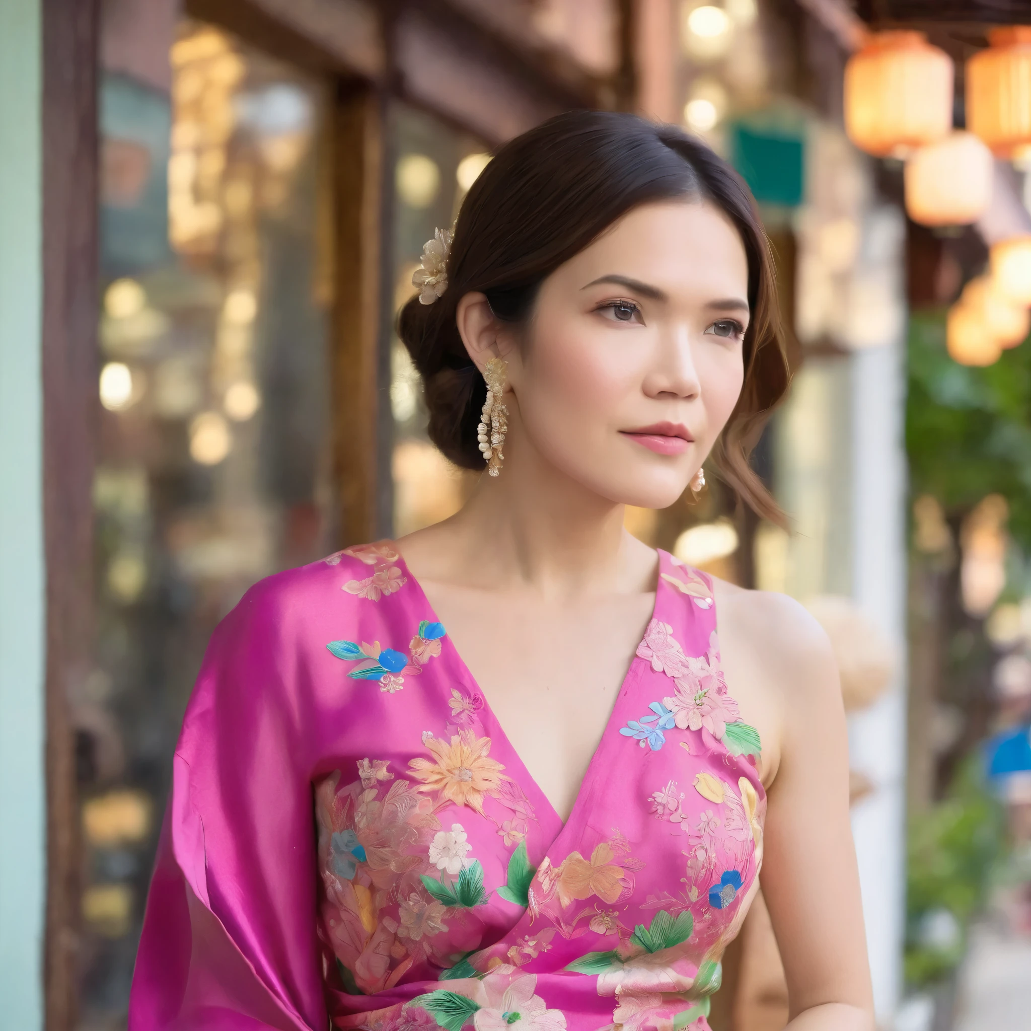 best quality, highres, 8k, masterpiece, photography, detailed midbody photorealistic portrait. Mandy Moore exudes elegance in a fuchsia pink sarong kebaya, intricately embroidered with floral motifs, paired with a vibrant batik wrap skirt. She walks along the iconic Joo Chiat shophouses, her hair styled in an old-Hollywood-inspired wave, pinned to one side with a beaded hair clip. She wears delicate pearl earrings, a vintage Peranakan brooch, and embroidered Nyonya beaded shoes. The scene captures her pausing to admire the pastel-hued Peranakan terrace houses, while holding a traditional Chinese porcelain teacup with delicate floral designs. 40 years old, (real skin texture: 1.3), (slender figure: 1.1), six-pack abs, (Immersive Ambience, Chiaroscuro: 1.5, Dim Light: 1.2, Glow Lighting), (Bokeh: 1.5), Blurred, high contrast, (Fuji colours: 1.5), film grain