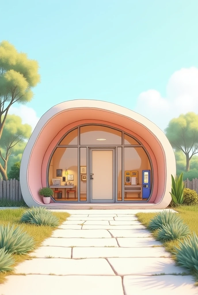 A small modern registration building with a single entrance door. Inside: a minimalist reception desk facing the door, a waiting area with vending machines, gender-neutral restrooms on opposite sides, and a staff office at the back. Exterior: soft organic shapes with large windows for natural light, surrounded by landscaped walkways leading to the main hostel. Soft pastel colors, daytime lighting, architectural sketch style