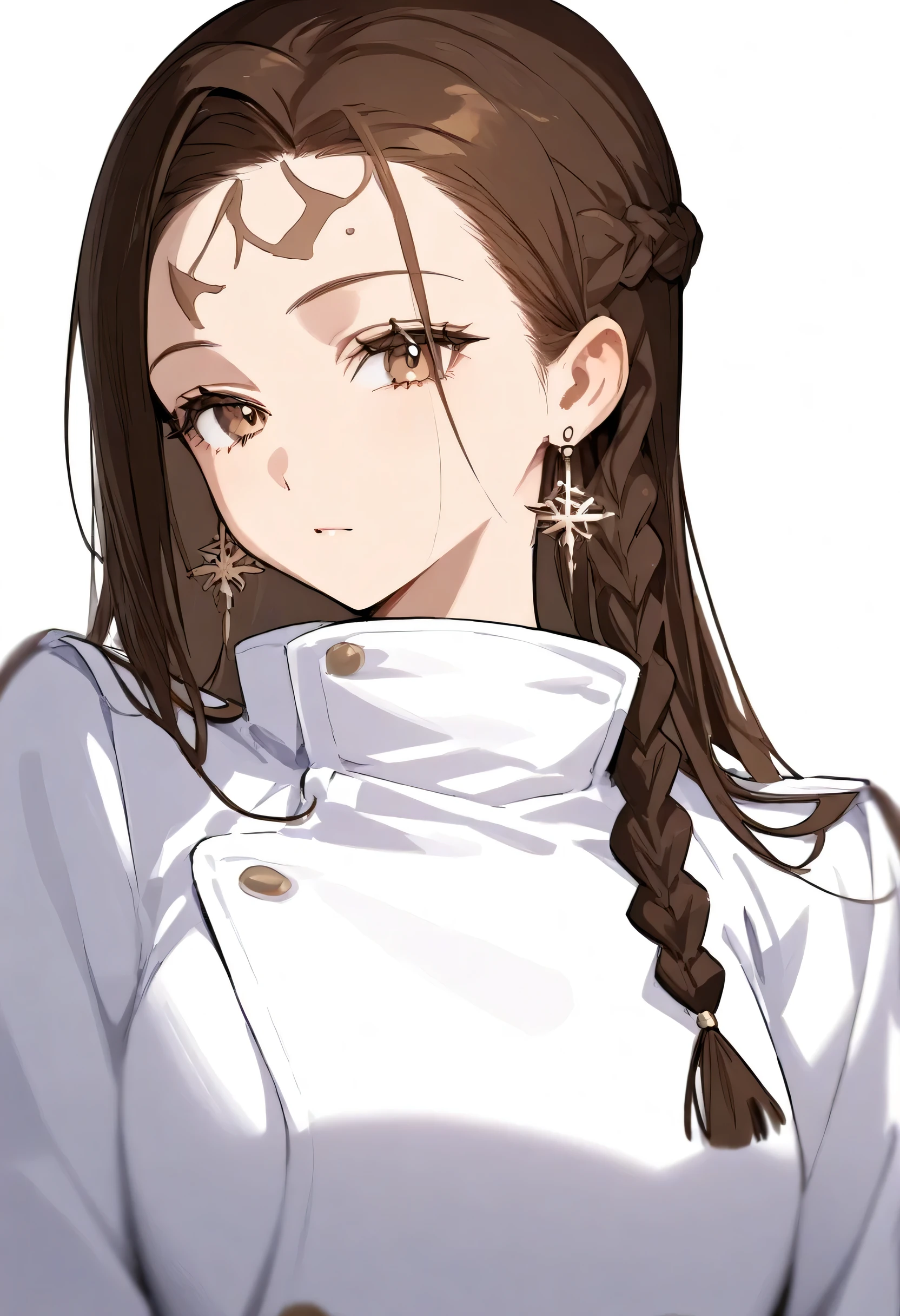 best quality, masterpiece, SagawaStyle , Hair, brown eyes,white coat, on the forehead, upper body,hair, side braid, earrings