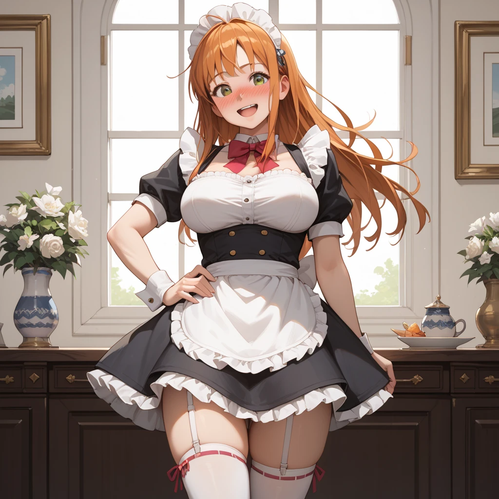 point of view (from below), ((high resolutions)), (masterpiece), high quality, best quality, gorgeous, perfect lighting, detailed face, ultra cute face, cute, cowboy photo, Itsuki Nakano, ((1 girl) ), ((alone)), medium fluffy hair, red hair, hair ornament, star decoration, blue eyes, (blush), seductive, nervous, cafe, table, sitting at the table, legs crossed, sitting facing the viewer, large breasts, medium waist, (wide hips), thick thighs, (((blue maid slip dress with white details))), headband with white details, close up, rabbit ears, looking at the viewer, good pose, arms behind the back, excellent anatomy, good hands
