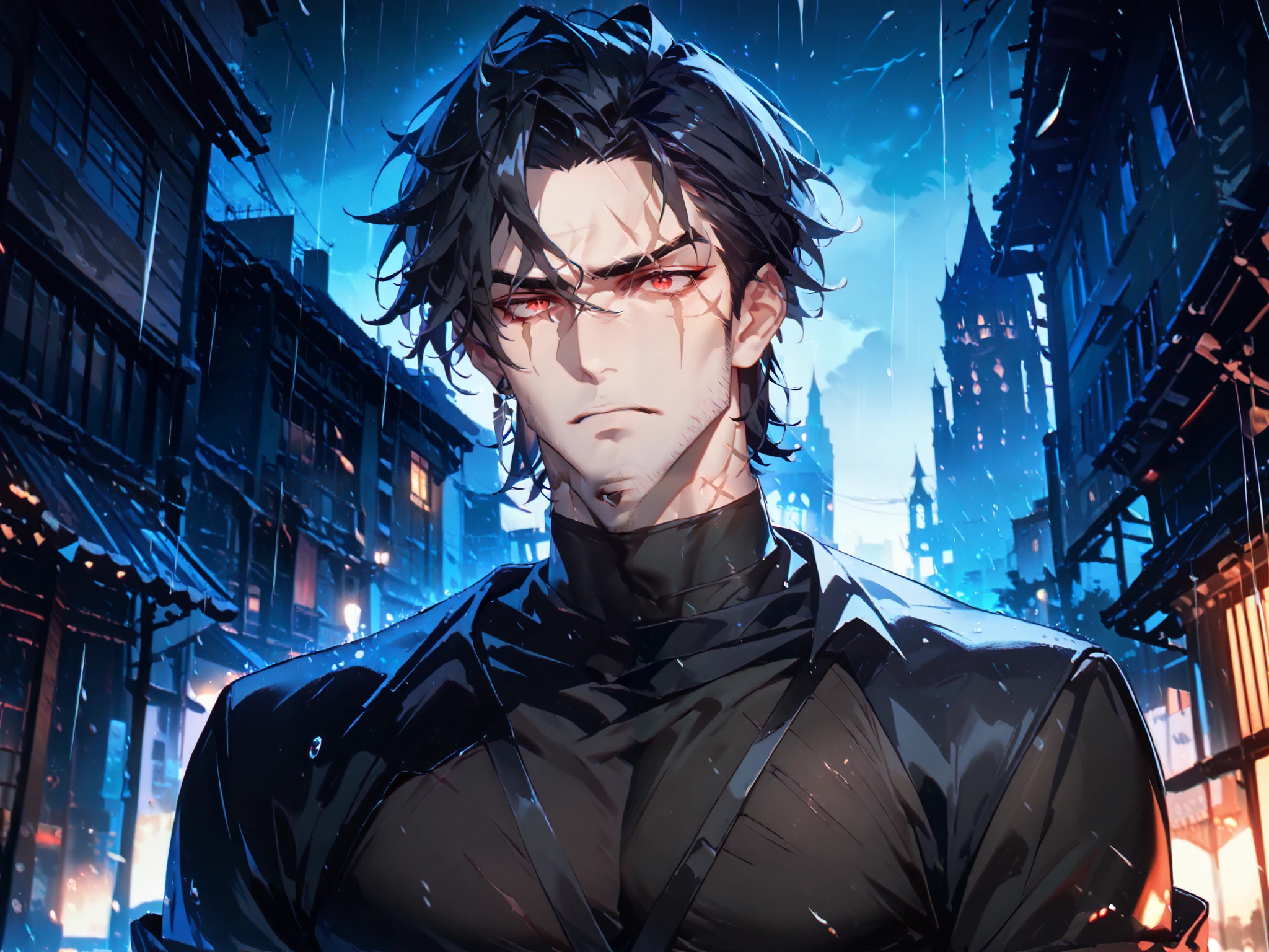 towers above the viewer, solo, 1boy, dark orange eye+red eye ((Eyes with high detail, no defects, pupils of equal size)), scared face, big eye scar, scar on lip, scar on neck, scar on cheek, scar on forehead, mafia, cold gaze, brutal, strong, manly, athletic, black hair, short hair, spicy hair, mature, daddy, beard, stubble, black turtleneck shirt, black gloves, dark alley, metropolis, mess, night, storm, rain, outdoors, particles, fractal, best quality, 8k, highres, masterpiece, ultra-detailed, dramatic lighting
