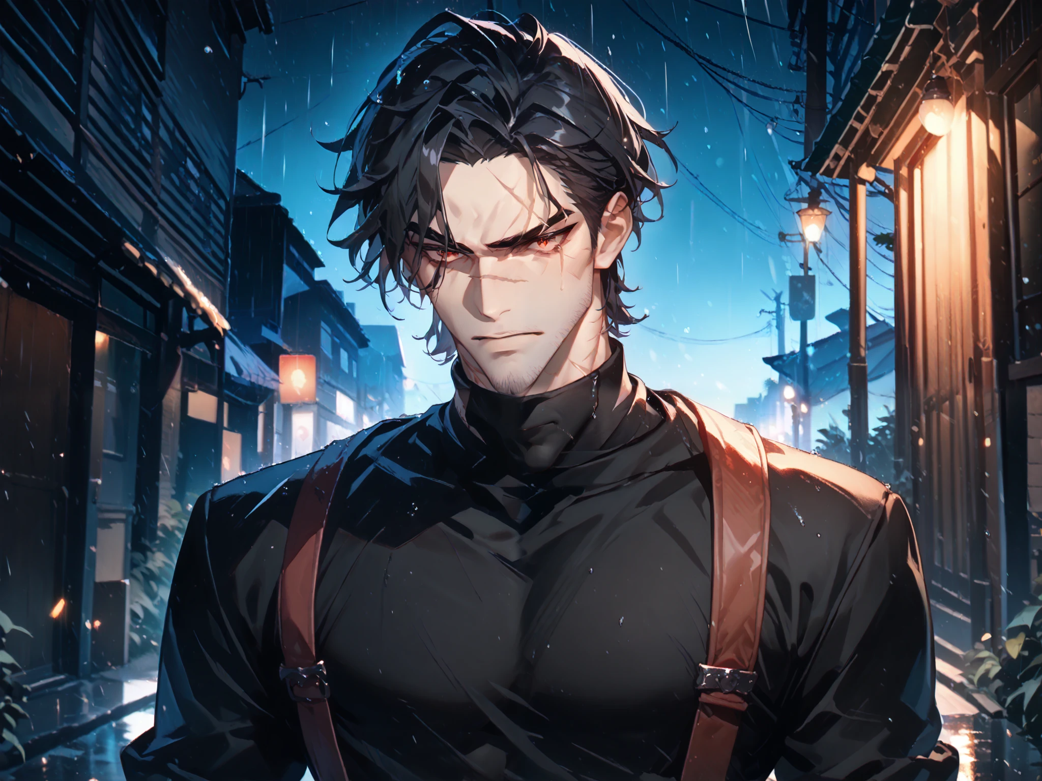 stands above the viewer, solo, 1boy, dark orange eye+red eye ((Eyes with high detail, no defects, pupils of equal size)), scared face, big eye scar, scar on lip, scar on neck, scar on cheek, scar on forehead, mafia, cold gaze, brutal, strong, manly, athletic, black hair, short hair, spicy hair, mature, daddy, beard, stubble, black turtleneck shirt, black gloves, dark alley, downtown, mess, night, storm, rain, outdoors, particles, fractal, best quality, 8k, highres, masterpiece, ultra-detailed, dramatic lighting