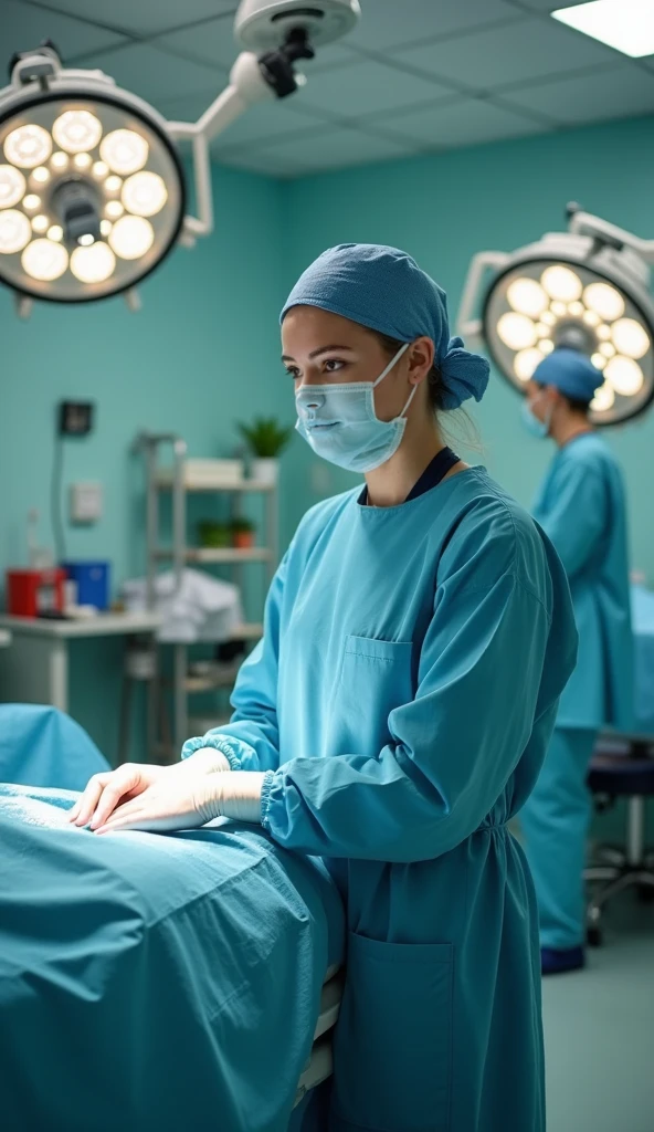 Angelina Jolie wearing green scrubs, wearing surgical mask and skull cap, wearing surgical glasses, performing heart bypass on male patient, in operation theatre, fullbody view, top down view, cutting the chest with scalpel,