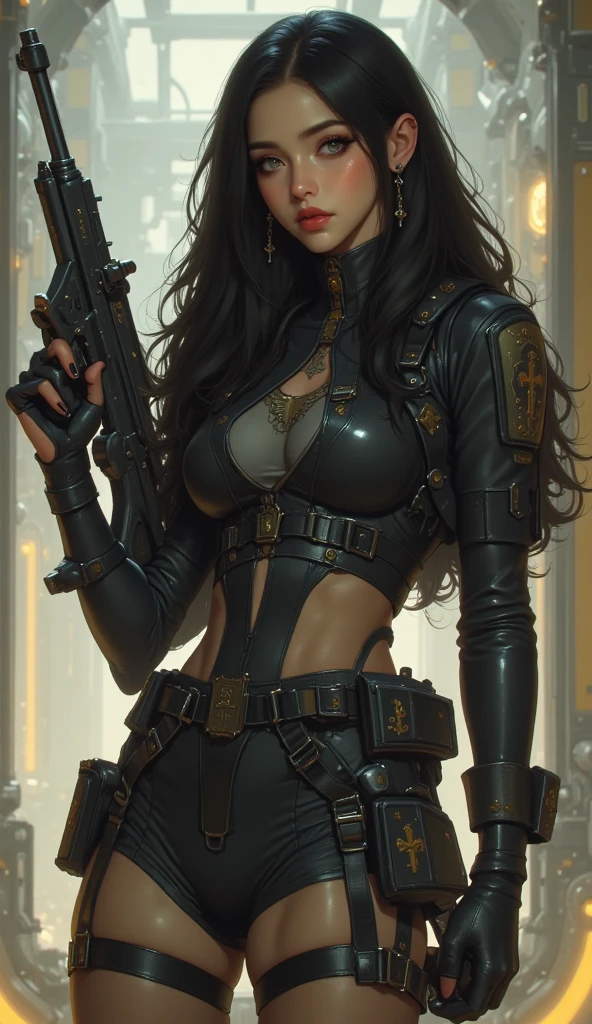 Gere uma imagem detalhada da personagem Mara, also known as 'Mara Death Dealer', do jogo Call of Duty: Guerra moderna. Describe its appearance, corpo inteiro, fisionomia cruel, micro bikini, na praia, sol poente, palmeiras, corpo escultural, flowing hair, [Equipamentos de ouro ((metralhadoras, Granadas, Accessories))], personalidade cruel