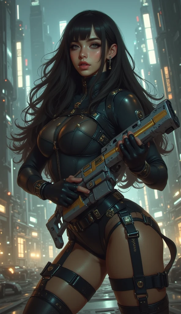 1girl, dark skin, super big breast, long hair, costume bunny suit, weapon cyberpunk, background in the war zone, ultra Quality, Ultra Realistic, 8K, Full detail face, good eyes, detail eyes,