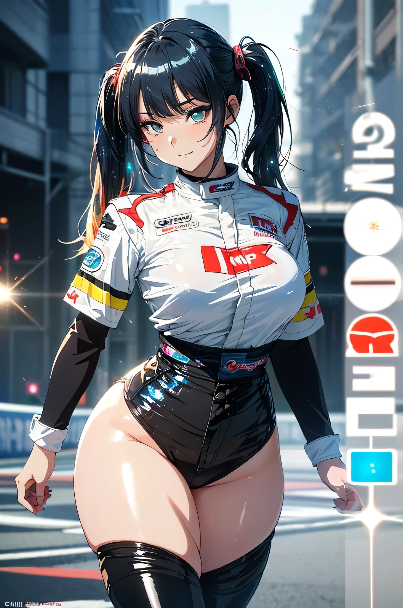 (best quality,4k,highres,masterpiece:1.2), ultra-detailed, realistic:1.37, HDR, portraits, vibrant colors, intricate details, professional lighting, sleek design, racing theme, high-speed action, dynamic composition, stylish poses, intense expressions, powerful emotions, energetic atmosphere, black bodysuit, black gloves, long flowing black hair, captivating brown eyes, beautiful smiles, curvaceous figure, sleek racing car, adrenaline-filled race track, excitement, passion, speed, skill, precision, focus, determination, victory.