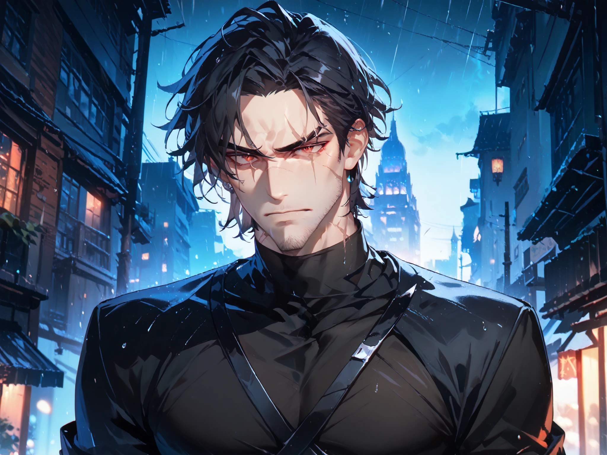 towers above the viewer, solo, 1boy, dark orange eye+red eye ((Eyes with high detail, no defects, pupils of equal size)), scared face, big eye scar, scar on lip, scar on neck, scar on cheek, scar on forehead, mafia, cold gaze, brutal, strong, manly, athletic, black hair, short hair, spicy hair, mature, daddy, beard, stubble, black turtleneck shirt, black gloves, dark alley, metropolis, mess, night, storm, rain, outdoors, particles, fractal, best quality, 8k, highres, masterpiece, ultra-detailed, dramatic lighting