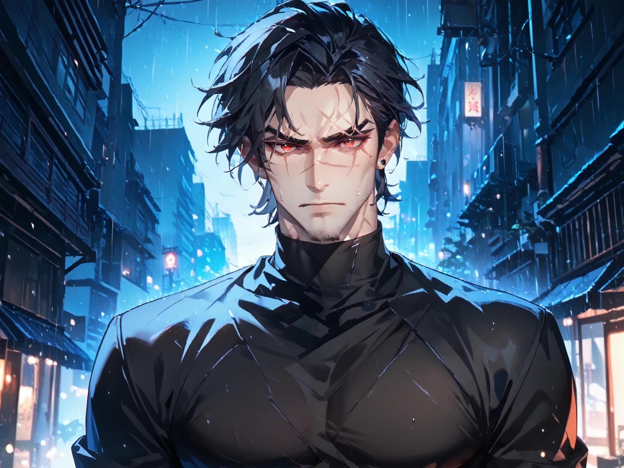 towers above the viewer, solo, 1boy, dark orange eye+red eye ((Eyes with high detail, no defects, pupils of equal size)), scared face, big eye scar, scar on lip, scar on neck, scar on cheek, scar on forehead, mafia, cold gaze, brutal, strong, manly, athletic, black hair, short hair, spicy hair, mature, daddy, beard, stubble, black turtleneck shirt, plain shirt, black gloves, dark alley, metropolis, mess, night, storm, rain, outdoors, particles, fractal, best quality, 8k, highres, masterpiece, ultra-detailed, dramatic lighting