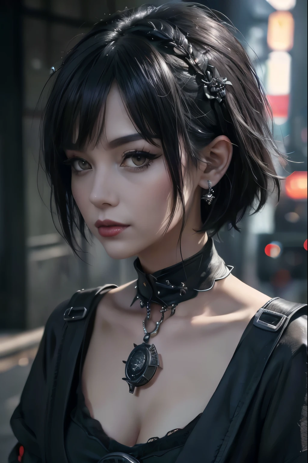 Highest quality、8k、masterpiece:1.3、Gothic Punk、The inside color is red、Gray Black Hair、short hair, hair ornaments、Beautiful girl、creative、Dark Fantasy Style、Neogoth、punk shirt fashion:1.2、High resolution、masterpiece、Highest quality、頭w:1.3、((Hasselblad Photos))、Fine skin、Sharp focus、(Cinematic lighting)、Realistic texture, Chest to chest