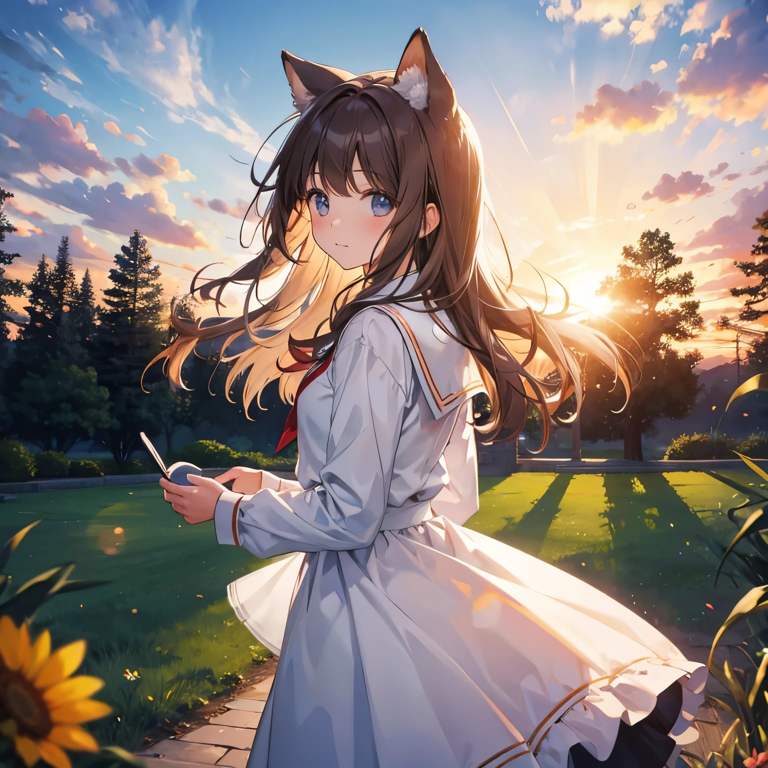 Sally Acorn, 1 Girl, alone, Tree, Sky, outdoors, skirt, cloud, brown, hair, sunset, lens, Flare, wind景, schools, , sun, wind, Long, sleeve, animal nose
