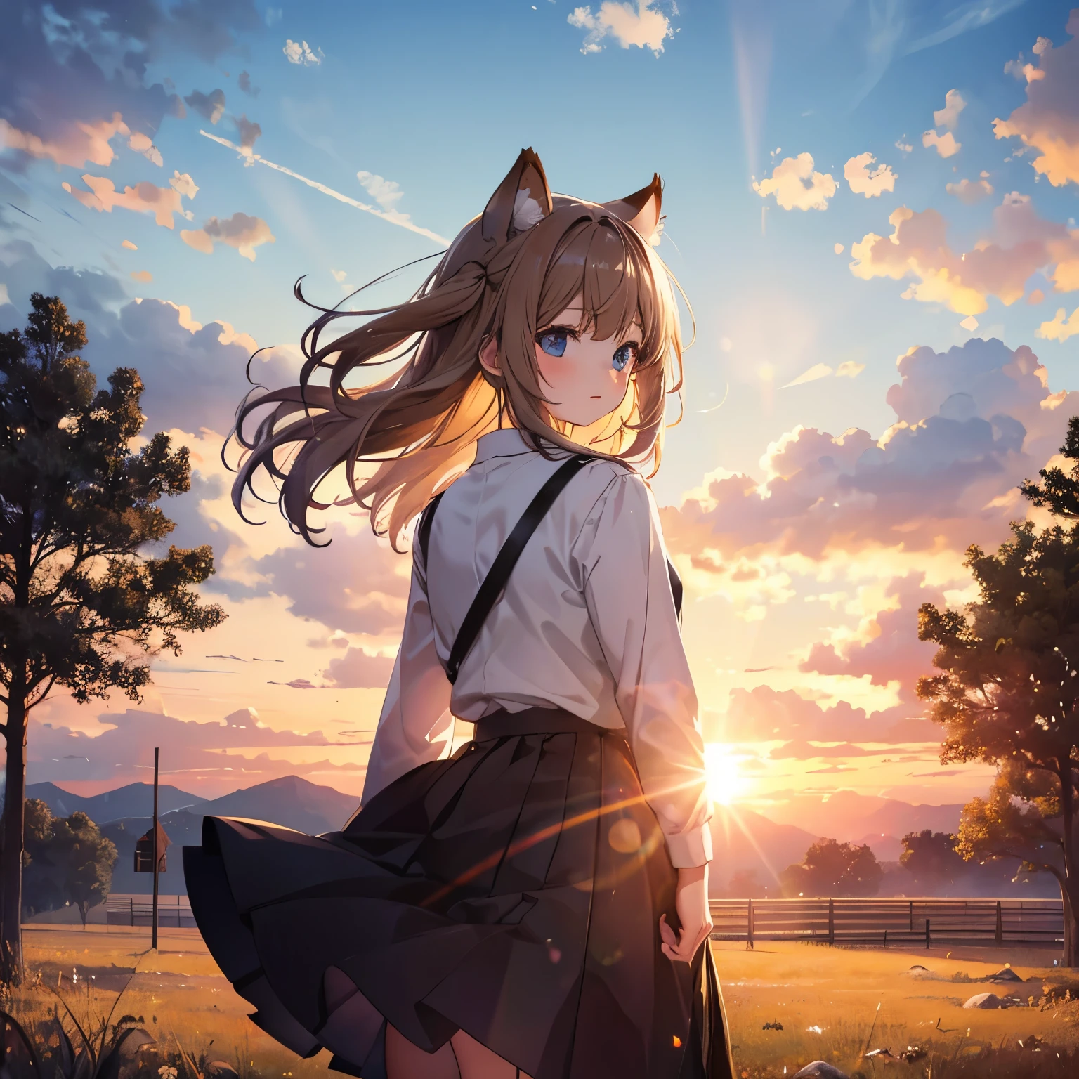 Sally Acorn, 1 Girl, alone, Tree, Sky, outdoors, skirt, cloud, brown, hair, sunset, lens, Flare, wind景, schools, , sun, wind, Long, sleeve, animal nose
