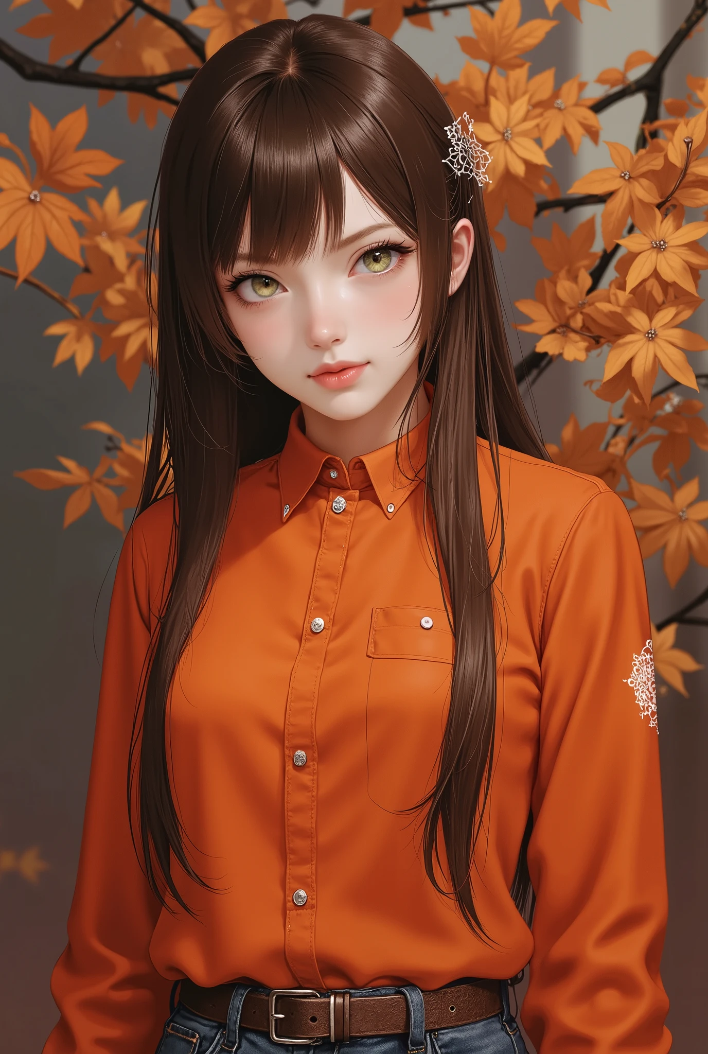 Girl, long, straight brown hair, olive green eyes, sharp features, light white skin, shiny light pink lips, beautiful, perfect, elegant, wearing a dark orange sleeved shirt, jeans, high-quality resolution, clear bright colors, autumn atmosphere.
