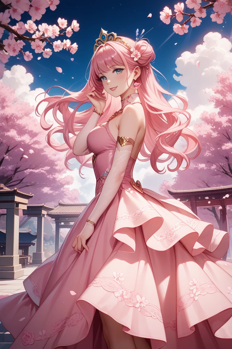 Long pink hair, red eyes, sexy short dress, large breasts, moon castle, cherry blossom 