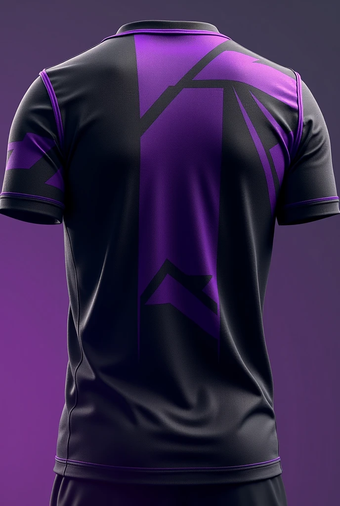 A black team jersey with a purple gradient at the bottom of the jersey, and with the purple collar too. This has great fabric.Show me the back of the same shirt.Just show the shirt Without this guy
