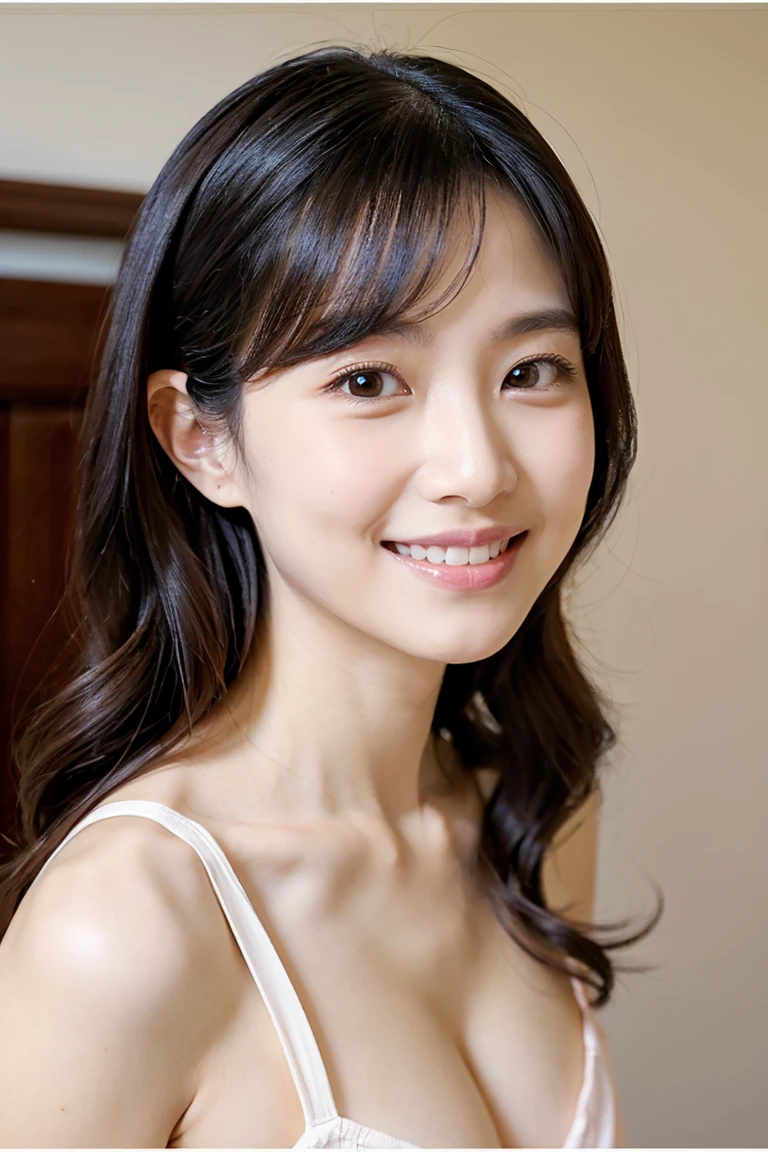 Female in her 30s、One bun hair, Face without makeup, silky white skin, Gentle smile, wearing white camisole、Sprint