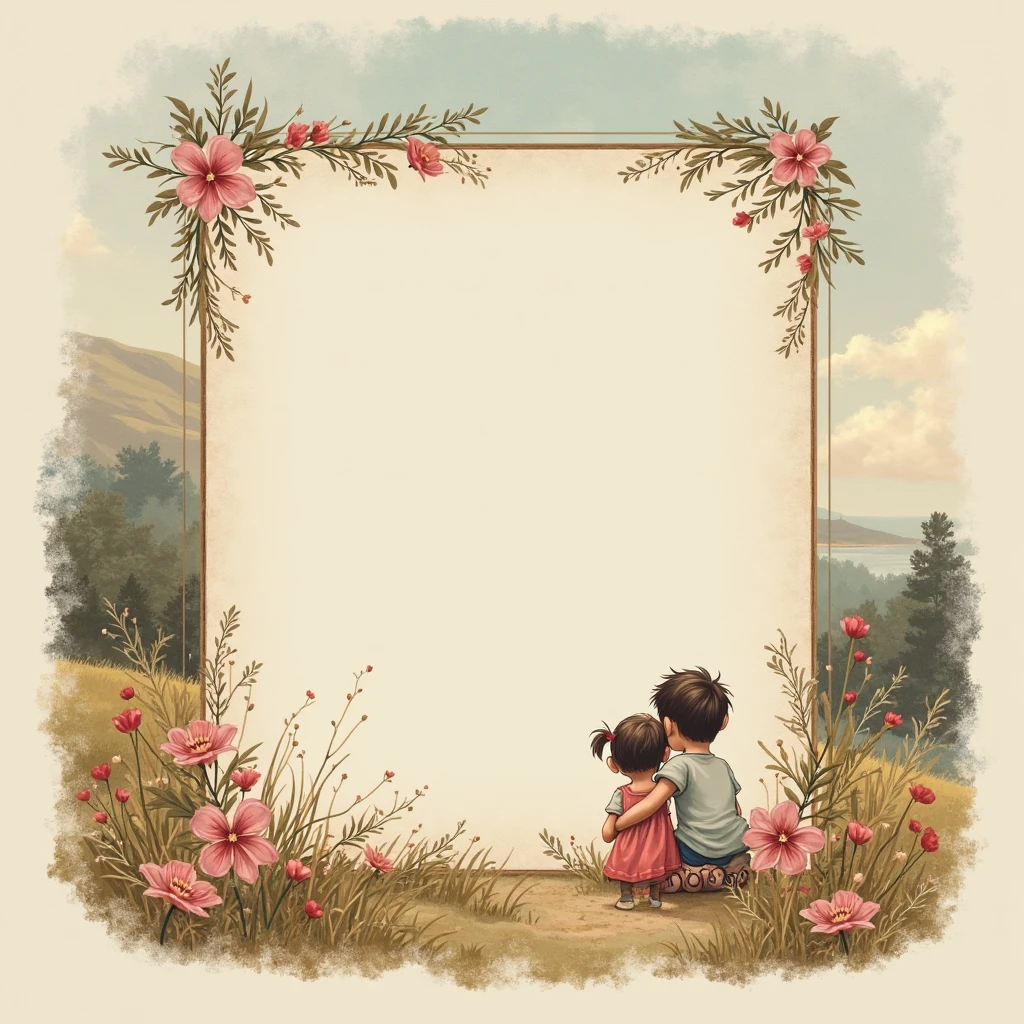 simple drawing. Slate type. Arch of flowers and roses with 4 children inside with their backs turned. And natural background