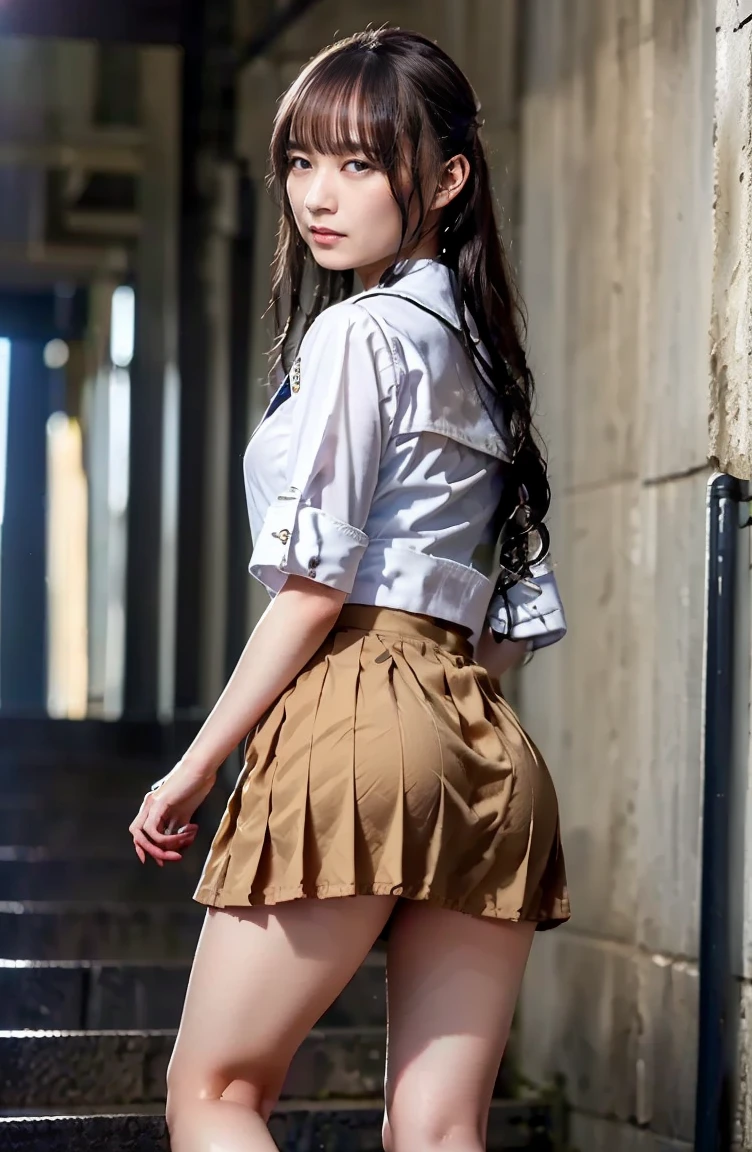 (masterpiece, highest quality, High resolution, 超High resolution, Perfect Pixel, Depth of written boundary, 4K, RTTX 10.0, High resolution))), (One woman:1.3), Beautiful Anime Women, Beautiful art style, Anime characters, ((Detailed face:1.2)), ((Smooth texture:0.75, Realistic texture:0.5, Anime CG Style)), (Maximum resolution: 1.2), Cinema Lighting, ((highest quality)), ((masterpiece)), (High resolution), 8K, Best Shadow, The best natural light, Cinematic, (Adult woman climbing the stairs:1.2), (brown hair,)、Looking back, bashful、ponytail, Red ribbon, (Navy Blue Blazer, Brown cardigan, White shirt, Checkered Skirt))、(Navy blue socks)、((Rear view))、Angle from the bottom of the back、Manga panel layout、Cartoon style、Manga Design、Station stairs、City stairs, (Skirt flipped up by strong wind:1.3), (A perfect skirt of uniform length:1.4), Pink side-tie satin panties, Slender body,Beautiful thighs, (Embarrassed look), On the way up the stairs

