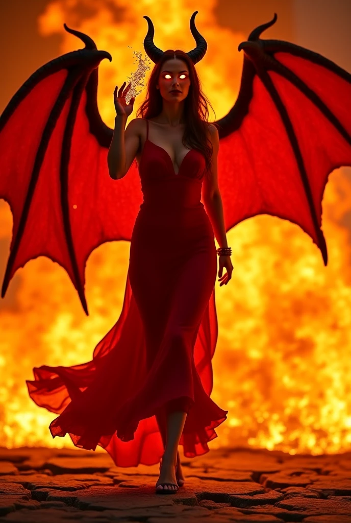 A beautiful Italian vampire in full body, with black HIGH heels and long black hair, voluptuous with a daring figure, with vampire wings made of fire and flames, seductive mood, almost naked, dressed in a transparent red dress made of RED smoke, fire AND FLAMES rising from below, walking seductively. in the style of hyperrealistic compositions, red light, black background, with wine glasses and cherries on a round wooden table in the foreground to the bottom right, very detailed, hyperrealistic, high.
