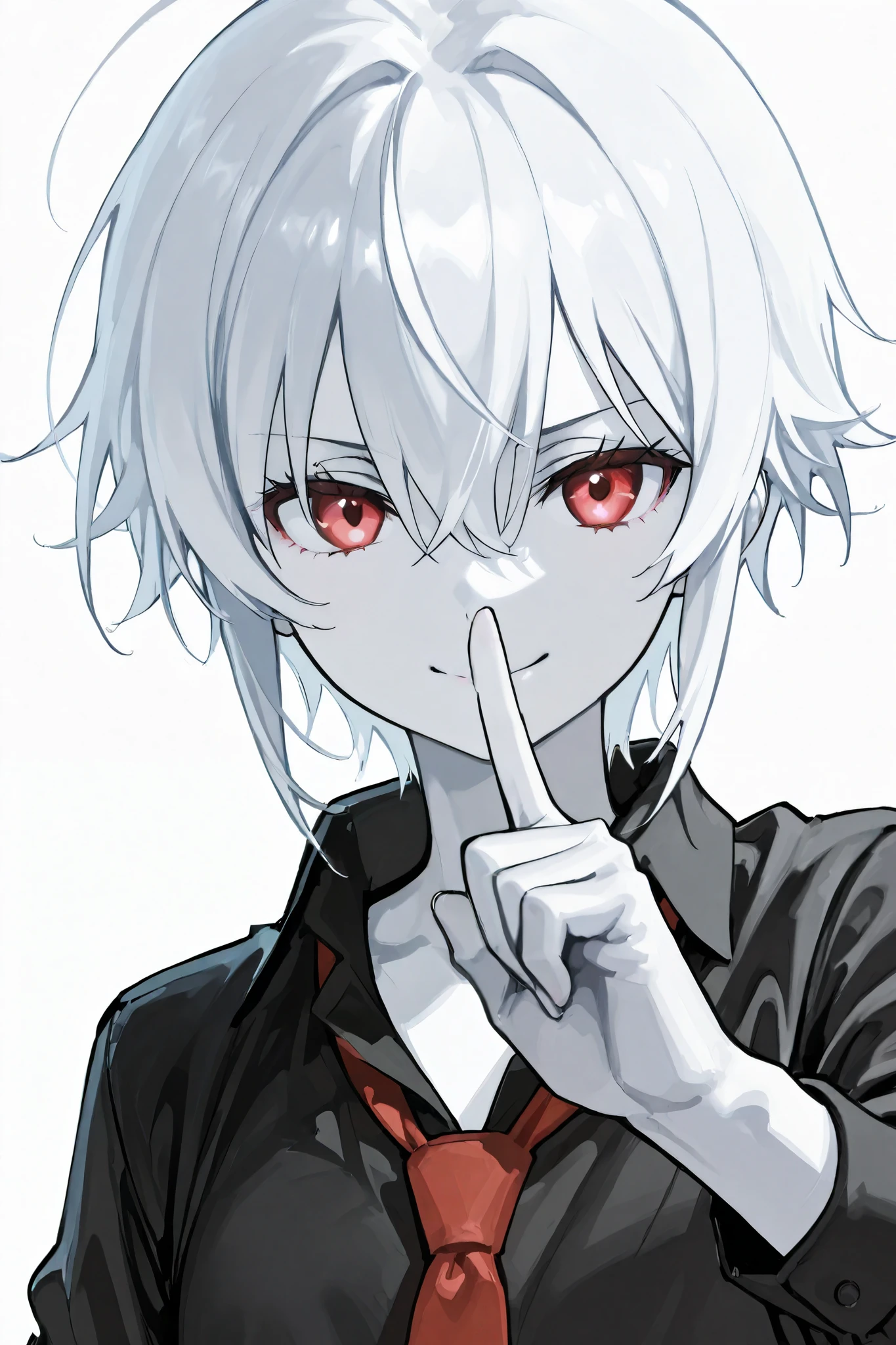 white hair, red eyes, Handsome Man, Man with white skin, viewers, white background, Please make the photo show only the face and upper body. black shirt , red tie, It looks like Satoru Gojo. 그런데 white hair와 red eyes동자를 가진 남자입니다. She has a sexy expression. Very handsome. I'm winking. and raised my right arm. Right hand is in the center. The index finger of the right hand is making a hiss gesture.