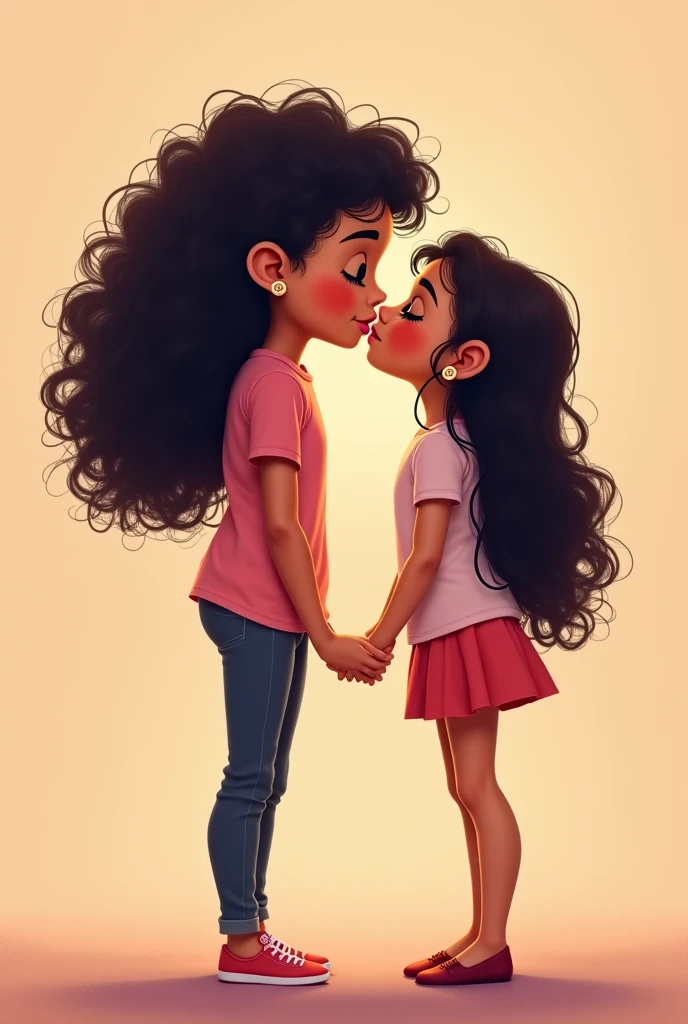 Make a Pixar cartoon style image where there is a white skinned person, Venezuelan woman with shoulder-length black curly hair who wears glasses hugging and kissing on the mouth a curly man with brown hair and white skin, and they are both teenagers