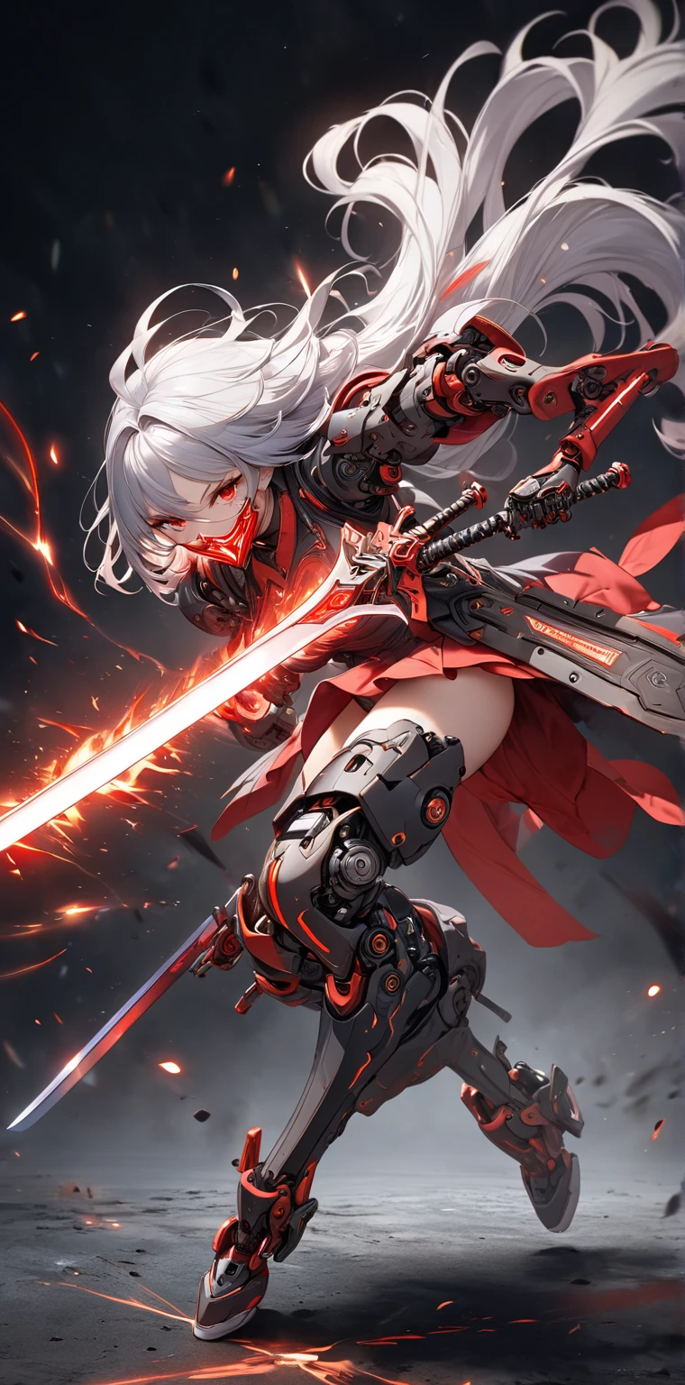 Ultra High Resolution, Wide range of colors,  perfect picture, Top Quality,  detailed image , beautiful woman, Glowing Skin,  skin and clothing texture ,  Delicate Eyes, (((Full body mechanical))), has a sword, slashing action, Mask on mouth, Long silver hair, red eyes