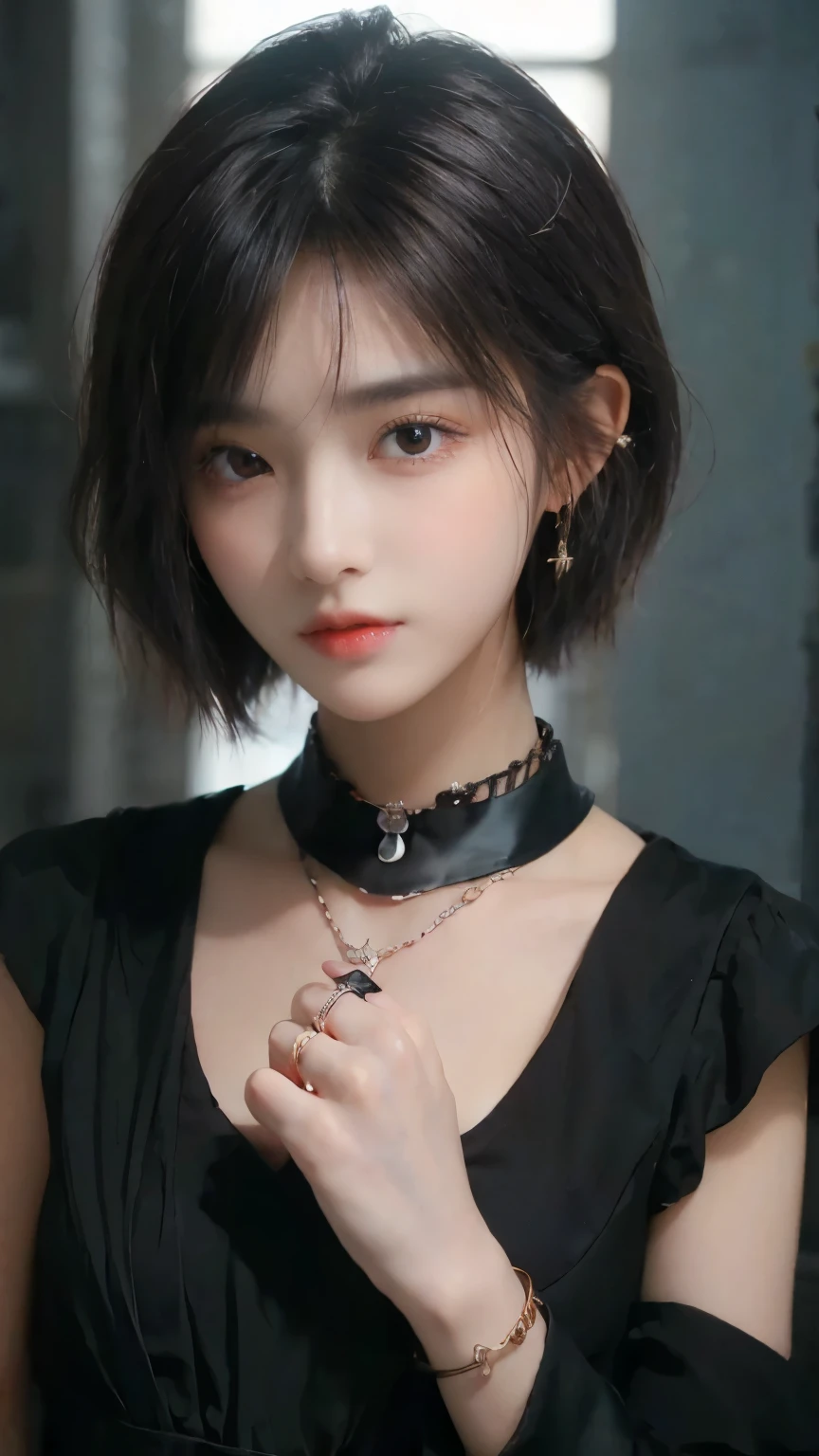 (( best quality、masterpiece:1.3))、sharp:1.2、Perfect Body Beauty:1.4、(( with a layered hairstyle ))、( black dress:1.1)、(darkroom:1.2)、 extremely detailed face and skin textures 、 detailed eyes on board、(Locks:1.3)、 double eyelids、(( Short Hair))、 boyish 、nice、(( unisex))、 Big Eye、 Necklaces 、Bans、(( One Woman ))、 dark eyes、A bracelet、 earrings for a woman alone、 choker、ring、(( knight ))、 chain accessory 、Lock、