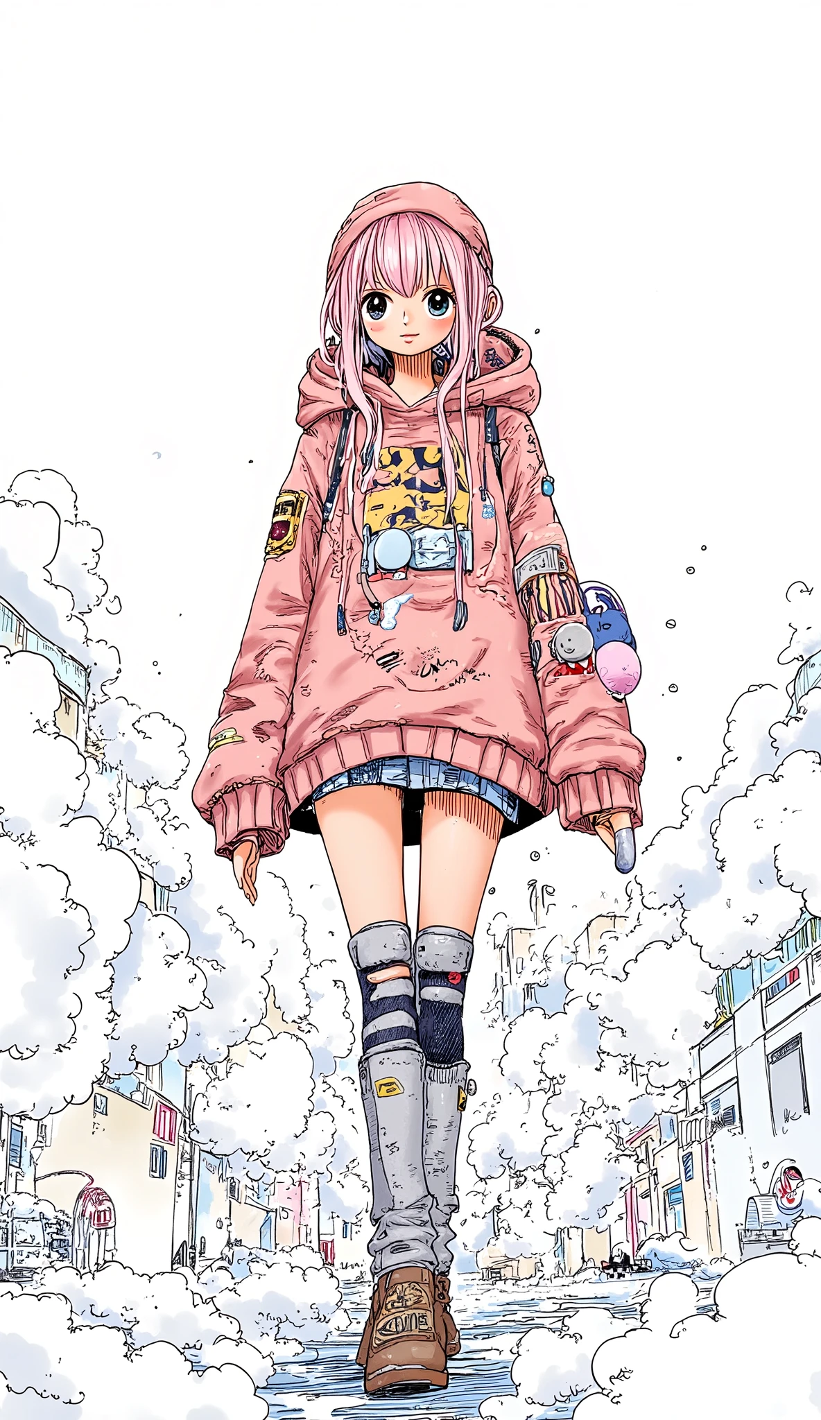 ultra detailed、pastel art、girl、background is stark white、on3pi3c3styl3、ground、pastel collar、Easy-to-read illustrations、detailed hands、 Details、Perfect piece、high quality、32K、Alone、alone、 perfect eyes、detailed eyes、beautiful face、high qualityな顔、(full body:1.8)、(Big Breasts:1.4)、cartoon One Piece character design、(perfect face:1.6)、(Beauty:1.8)、detailed illustration、Fine Lines、 nice smile、Portrait Photos、NSFW