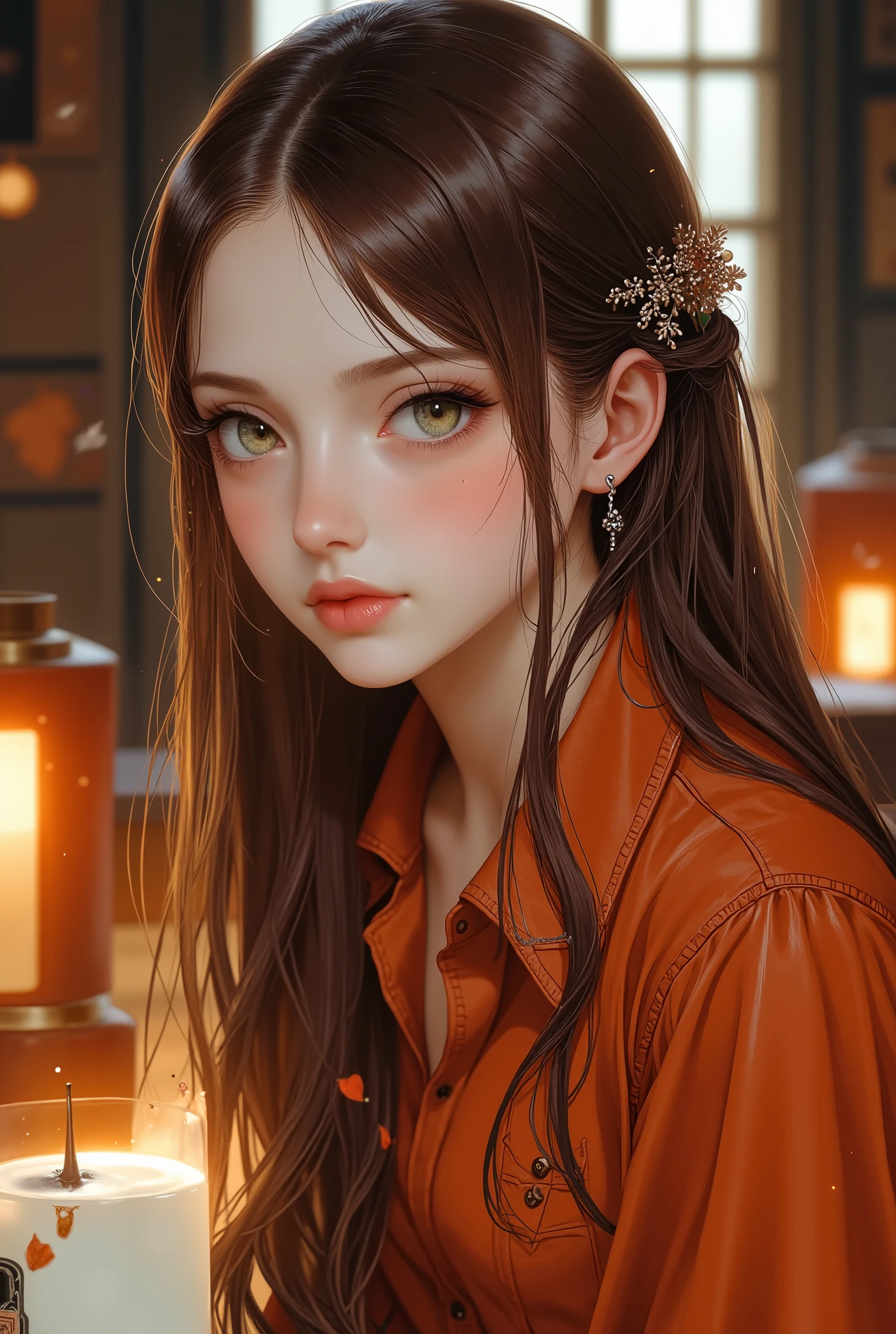 Girl, long, straight brown hair, olive green eyes, sharp features, light white skin, shiny light pink lips, beautiful, perfect, elegant, wearing a dark orange sleeved shirt, jeans, high-quality resolution, clear bright colors, autumn atmosphere.