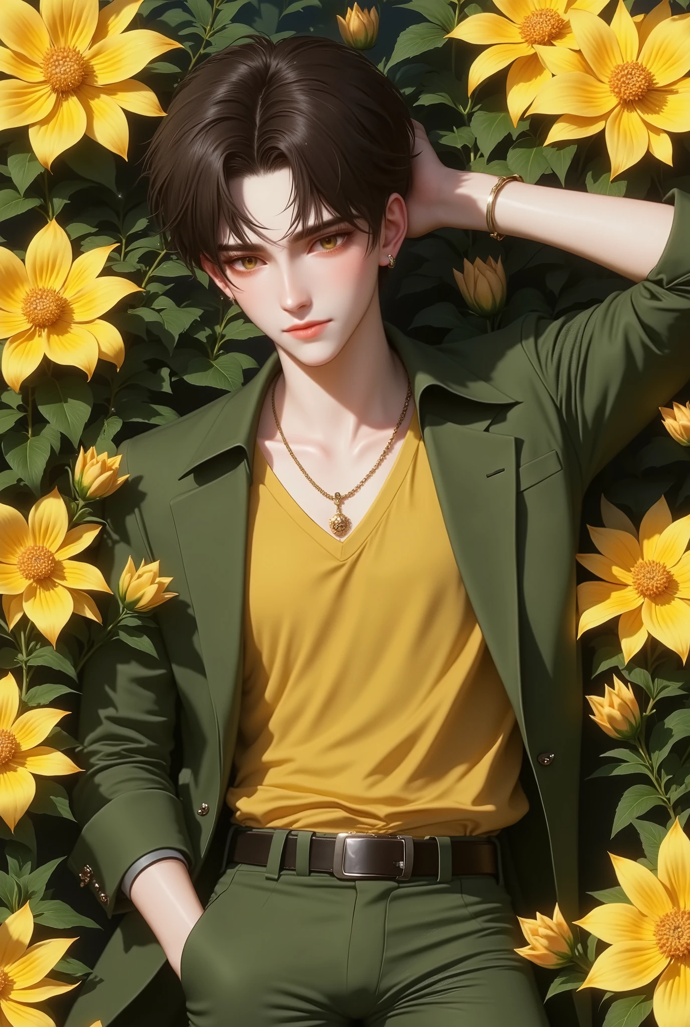 boy, dark brown hair, brown eyes, serious sharp features, white skin, shiny pink lips, handsome, perfect, elegant, wearing an olive green sleeved shirt, jacket, pants, clear bright colors, surrounded by.. Yellow Jouri flowers, high quality resolution.