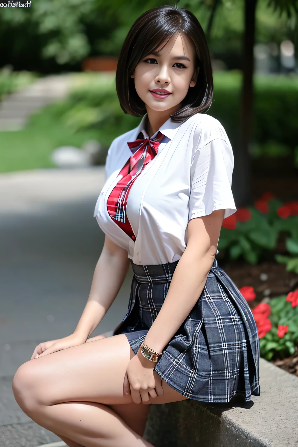 nsfw, 8K raw photo, Best quality, masterpiece, ultra high res, film grain,filmg,
1girl, looking at viewer,
natural skin texture, realistic eye and face details, full lips, lipstick, rouge \(makeup\), red eyeshadow, fluffy short hair, messy hair, smile, close mouth, beautiful legs, tall female, skinny, slim_legs, solo,
enormous breast,cleavage,
Pose with buttocks facing you,
ultra short skirt, ass, shirt,
beautiful nature location,around flower location, plaid skirt, white shirt,
enormous breast,cleavage, Show a little cleavage through the shirt,
loafers,
blurry background, blurry, holding, plaid, short sleeves, jk ribbon on the neck, jk ribbon,
brown hair, bracelet, water, bangs, school uniform, jewelry, parted lips, lips, from side, pleated skirt,
depth of field, black hair,
looking at viewer