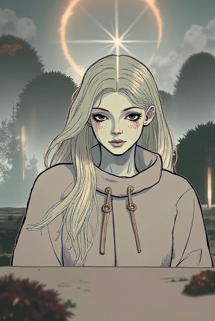 (((beautiful, high quality))), upper body, score_9, score_8_up, score_7_up, solo,
Changeling, gray skin, white eyes, white hair, dark eyelids, 1girl, shirt, coat,
Outdoor, fantasy background, nature, blurred background,