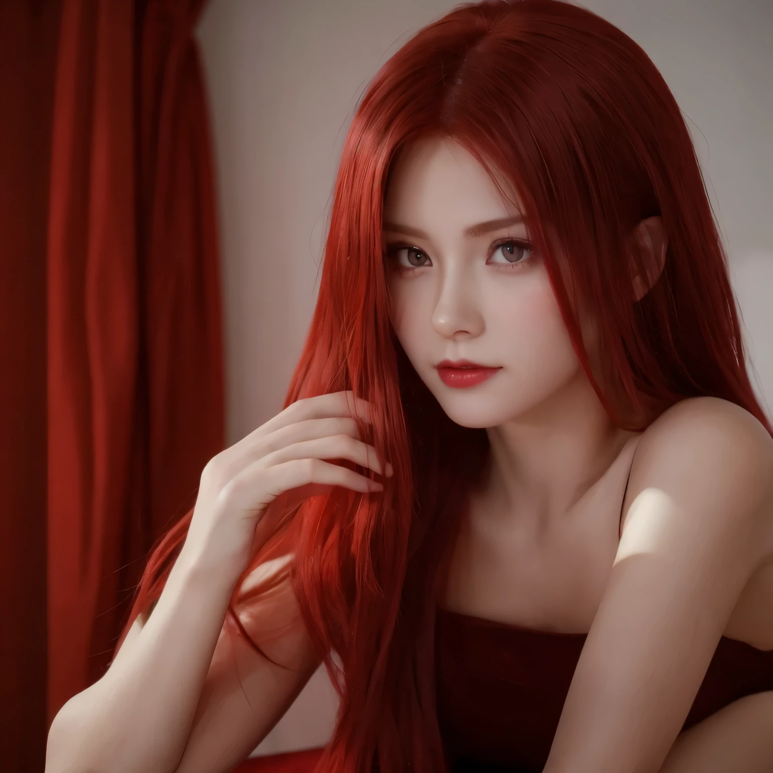 Red hair, sinister face, seductive, zoom to face, red eyes, one people, in room