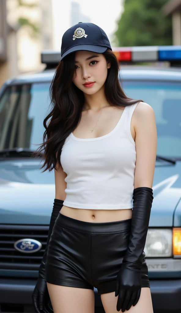 (extra detailed body、extra detailed face、best qualtiy:1.2)、femele、looking at the viewers、(white tank tops、JINS)、(Motorcycle chaos in the background:1.4)