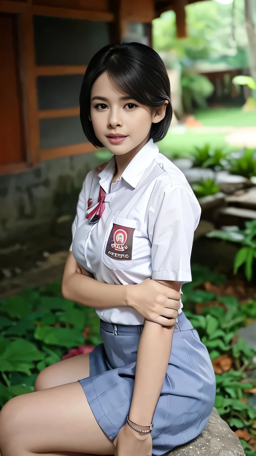 nsfw, 8K raw photo, Best quality, masterpiece, ultra high res, film grain,filmg,
1girl, looking at viewer,
natural skin texture, realistic eye and face details, full lips, lipstick, rouge \(makeup\), red eyeshadow, fluffy short hair, messy hair, smile, close mouth, beautiful legs, tall female, skinny, slim_legs, solo,
enormous breast,cleavage,
Pose with buttocks facing you,
ultra short skirt, ass, shirt,
beautiful nature location,around flower location, plaid skirt, white shirt,
enormous breast,cleavage, Show a little cleavage through the shirt,
loafers,
blurry background, blurry, holding, plaid, short sleeves, jk ribbon on the neck, jk ribbon,
brown hair, bracelet, water, bangs, school uniform, jewelry, parted lips, lips, from side, pleated skirt,
depth of field, black hair,
looking at viewer