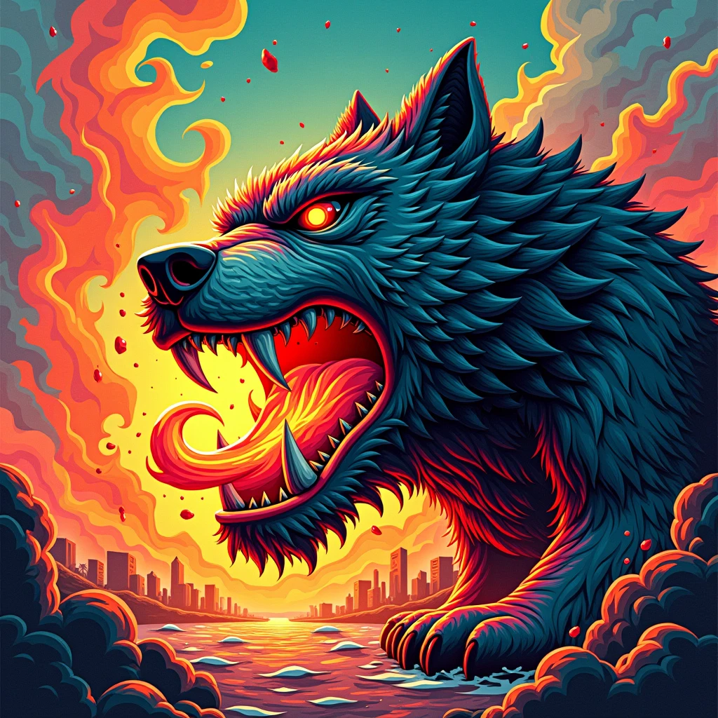 ((from below, looking up, fisheye)),(A huge wolf,Smoke from the nostrils,fangs,sharp teeth, tongue, big eyes:1.2), (angry face, detailed face, detailed eyes, :1.2),(absurdly long hair, long beard:1.1), ( fire storm, in a hurricane:1.2),(dynamic , action-packed , thrilling , fantastic realism:1.2), ((extremely detailed, intricate details, hyperdetailed)),(masterpiece, ultra-detailed, Unreal Engine), (rich,composition, cinematic:1.1),(backlight, blurry foreground),nice motion, nice lighting, fire vfx, fire moviments, fire spark particles, flame flow, lightning vfx, cold palette, depth of field, cool dark background, (fog,:1.1) (mist:1.1), Machinarium, postapocalypse , rain, artstation, sity,
<lora:add_detail:1>,
<lora:CosmicEldritchTech-20:0.85> eldritchtech, cosmic, dark energy,
<lora:TUYA5:0.5> <lora:martius_fuzz:0.8> martius_fuzz