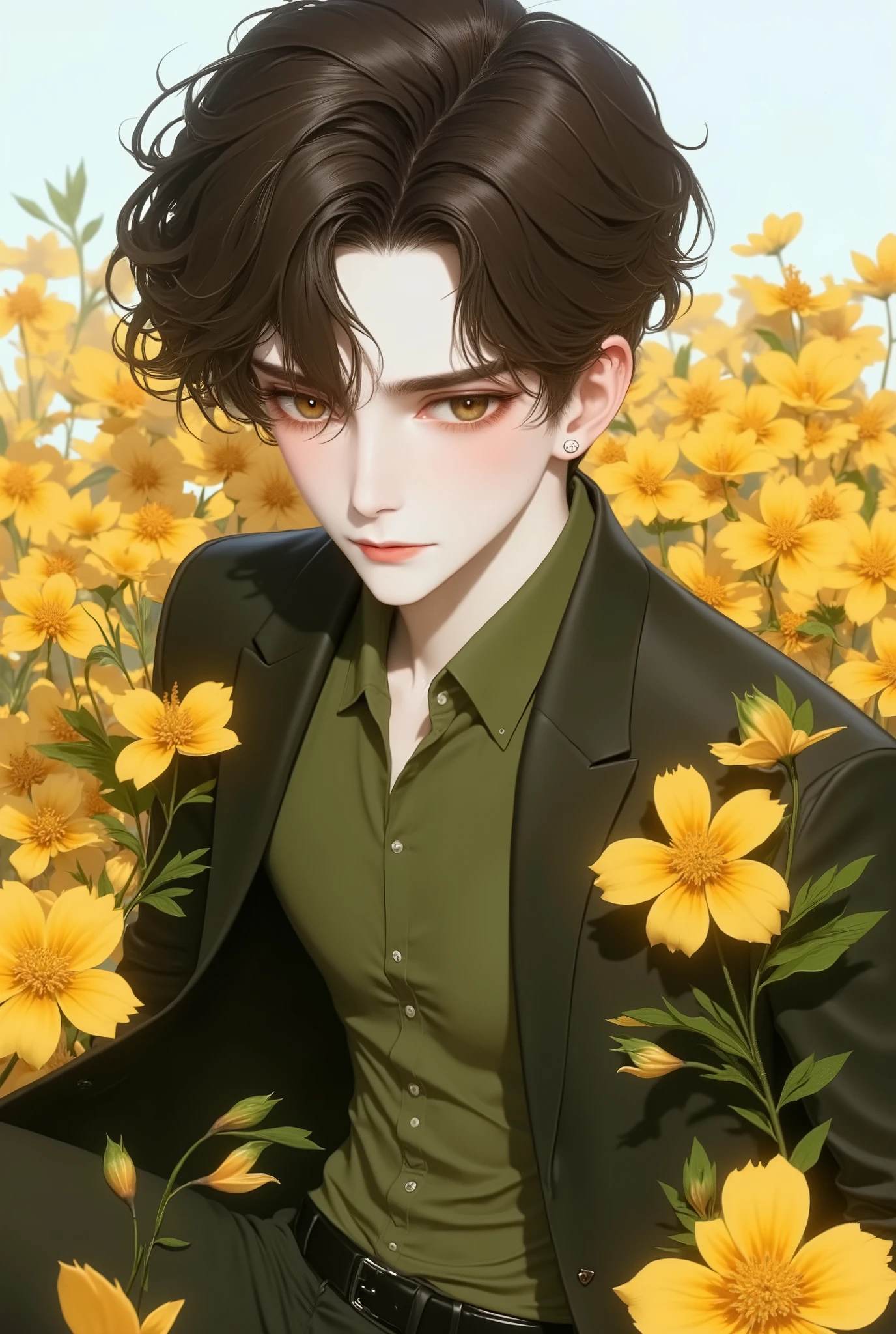 boy, dark brown hair, brown eyes, serious sharp features, white skin, shiny pink lips, handsome, perfect, elegant, wearing an olive green sleeved shirt, jacket, pants, clear bright colors, surrounded by.. Yellow Jouri flowers, high quality resolution.