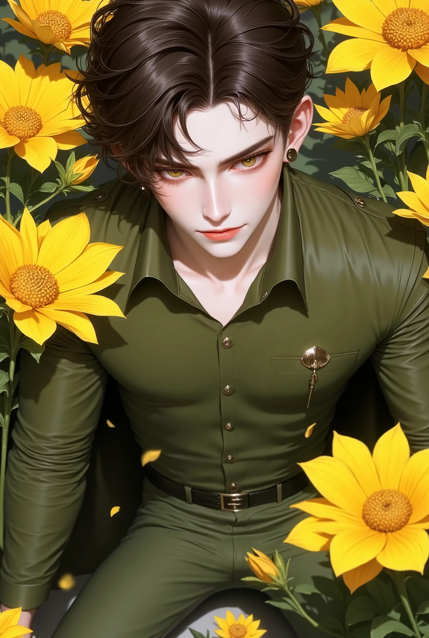 boy, dark brown hair, brown eyes, serious sharp features, white skin, shiny pink lips, handsome, perfect, elegant, wearing an olive green sleeved shirt, jacket, pants, clear bright colors, surrounded by.. Yellow Jouri flowers, high quality resolution.