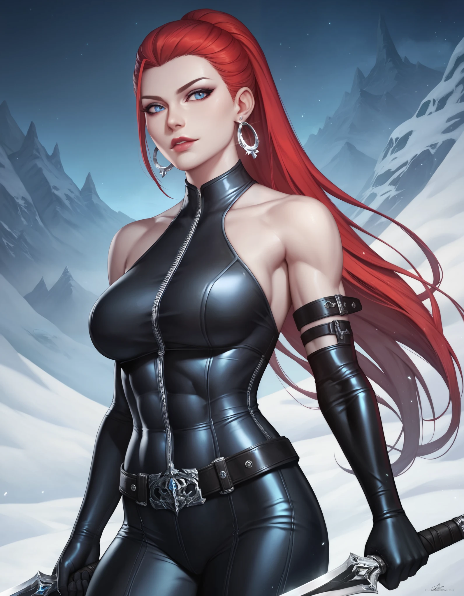 a woman with red lipstick has armor on and is holding a sword, kirijou mitsuru, 1girl, solo, hair over one eye, long hair, (((red hair))), (((red eyes))), weapon, rapier, sword, bodysuit, black bodysuit, grey bodysuit, hand on hip, (((large breasts))), simple background, white background, (purple theme:1.2)