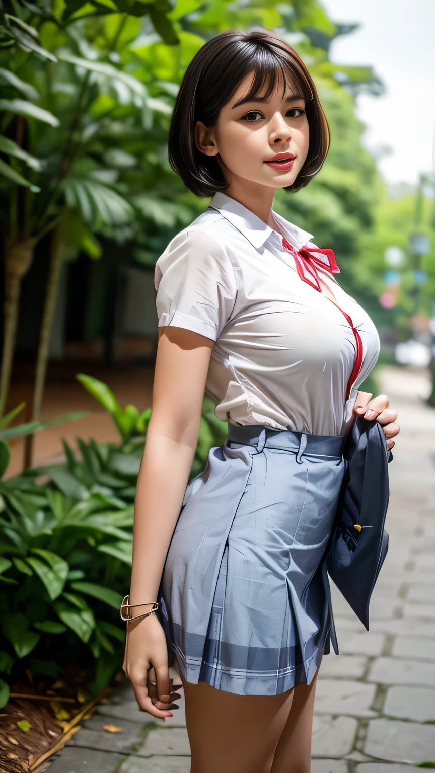 nsfw, 8K raw photo, Best quality, masterpiece, ultra high res, film grain,filmg,
1girl, looking at viewer,
natural skin texture, realistic eye and face details, full lips, lipstick, rouge \(makeup\), red eyeshadow, fluffy short hair, messy hair, smile, close mouth, beautiful legs, tall female, skinny, slim_legs, solo,
enormous breast,cleavage,
Pose with buttocks facing you,
ultra short skirt, ass, shirt,
beautiful nature location,around flower location, plaid skirt, white shirt,
enormous breast,cleavage, Show a little cleavage through the shirt,
loafers,
blurry background, blurry, holding, plaid, short sleeves, jk ribbon on the neck, jk ribbon,
brown hair, bracelet, water, bangs, school uniform, jewelry, parted lips, lips, from side, pleated skirt,
depth of field, black hair,
looking at viewer