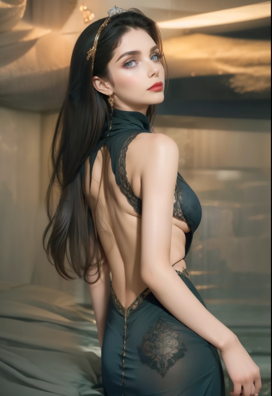 Very detailed, delicate face , Realistic style, Cinematography , colorful , Surrealist , Realistic texture, Dramatic Lighting, Distiller 800 (8K, original photo, better quality , masterpiece: 1.2), Very detailed, (Extremely delicate skin: 1.2), Ultra HD, SLR camera, soft lighting, high quality, Frozen Queen,Snow Castle,Blue pupils,Put on red lipstick,Gorgeous Clothing, gold jewelry ,Printed lace,Moon Goddess, lace print dress , complex tattoo pattern,Exquisite and luxurious decoration,Princess in a gorgeous crystal and diamond dress,Beautiful and gorgeous tattoos,Gold and gemstone jewelry,Breast symmetry,Five fingers stretched out