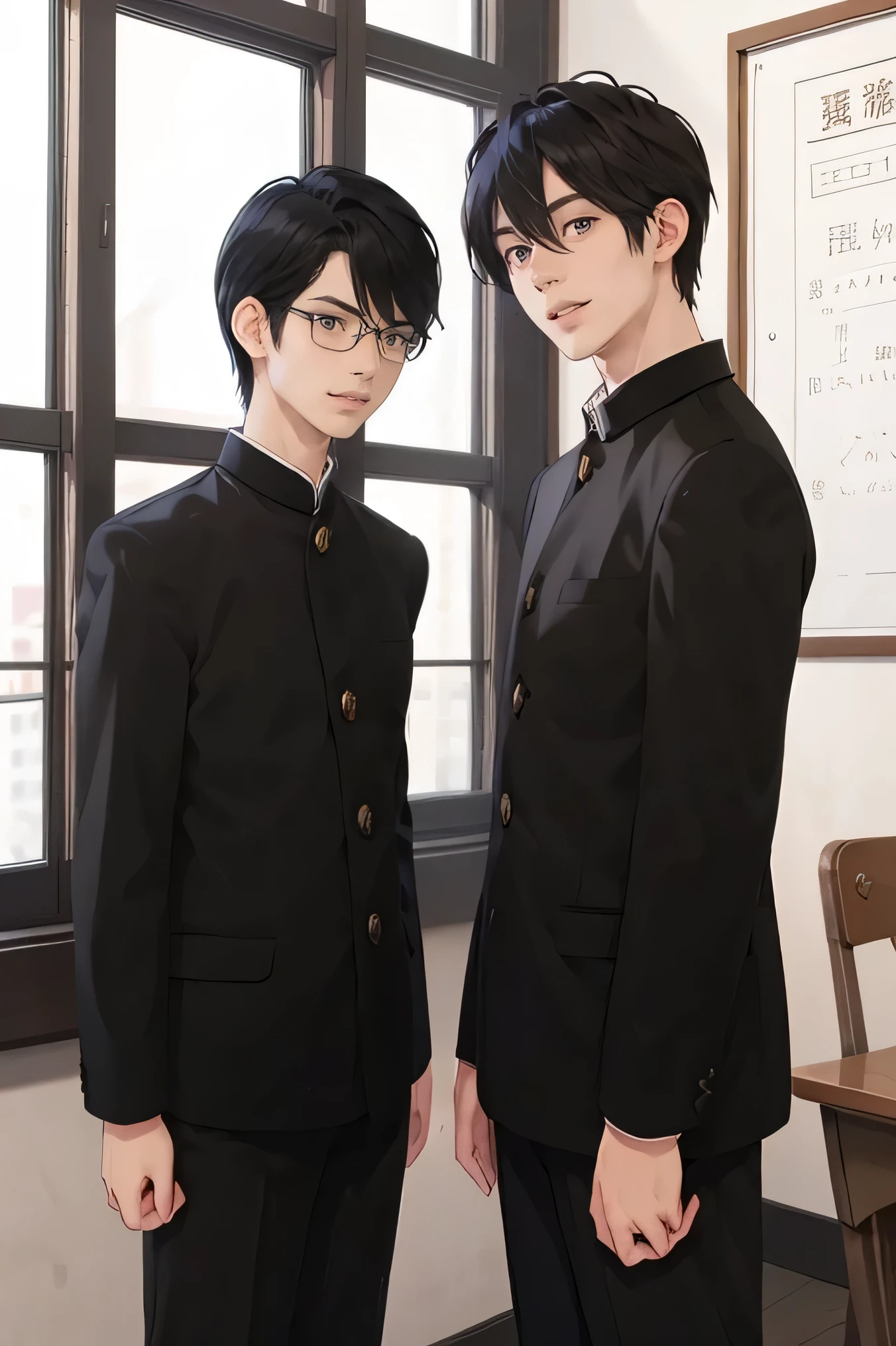 Two Japanese men handsome smile In the classroom window 二人共にBlack school run school uniform Black school run window windowの外は初春 two stand side by side boys love cartoon yaoi glasses