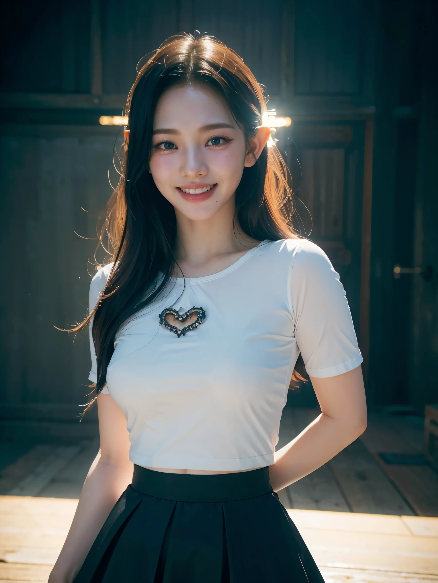 1girl, cowboy shot of sylvdark looking at viewer, colored skin, grin, teeth, spoken heart, elf, long eyebrows, (white shirt, black skirt), athletic, volumetric lighting, best quality, masterpiece, intricate, volumetric lighting, cinematic, 8k, cinematic lighting, masterpiece, perfect, intricate details, tonemapping, realistic