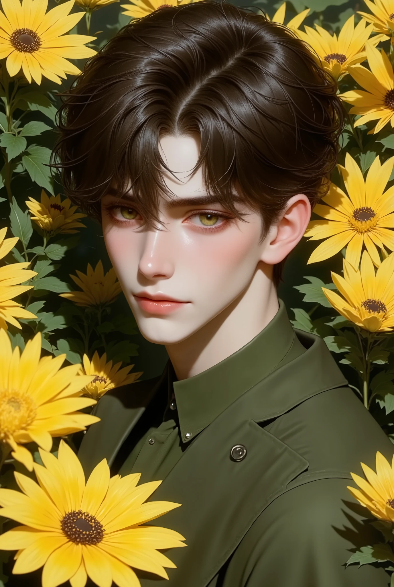 boy, dark brown hair, brown eyes, serious sharp features, white skin, shiny pink lips, handsome, perfect, elegant, wearing an olive green sleeved shirt, jacket, pants, clear bright colors, surrounded by.. Yellow Jouri flowers, high quality resolution.