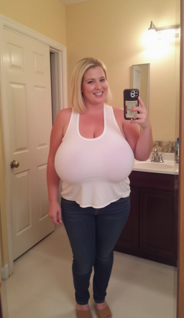 Selfie photo. Blonde BBW curvy fat woman in her 40s at bathroom - SeaArt AI