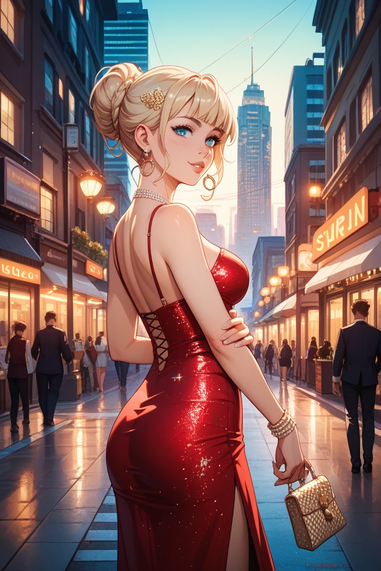 blonde woman in a short red dress, leaning against a balcony railing, overlooking a city