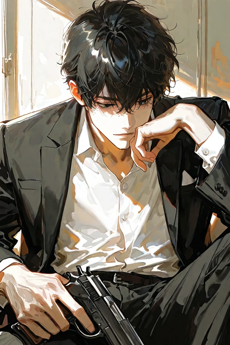 A young man with black hair, blue eyes, a black suit stood with his back turned half-face smoking a cigarette in his room at night.
