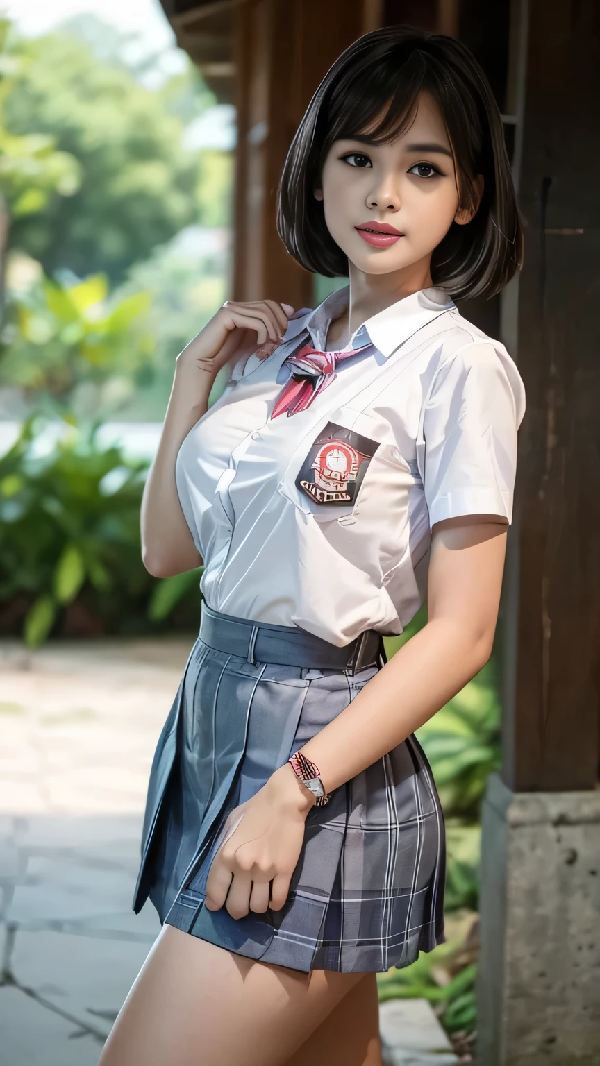 nsfw, 8K raw photo, Best quality, masterpiece, ultra high res, film grain,filmg,
1girl, looking at viewer,
natural skin texture, realistic eye and face details, full lips, lipstick, rouge \(makeup\), red eyeshadow, fluffy short hair, messy hair, smile, close mouth, beautiful legs, tall female, skinny, slim_legs, solo,
enormous breast,cleavage,
Pose with buttocks facing you,
ultra short skirt, ass, shirt,
beautiful nature location,around flower location, mini skirt, white shirt,
enormous breast,cleavage, Show a little cleavage through the shirt,
loafers,
blurry background, blurry, holding, plaid, short sleeves, jk ribbon on the neck, jk ribbon,
brown hair, bracelet, water, bangs, school uniform, jewelry, parted lips, lips, from side, pleated skirt,
depth of field, black hair,
looking at viewer
