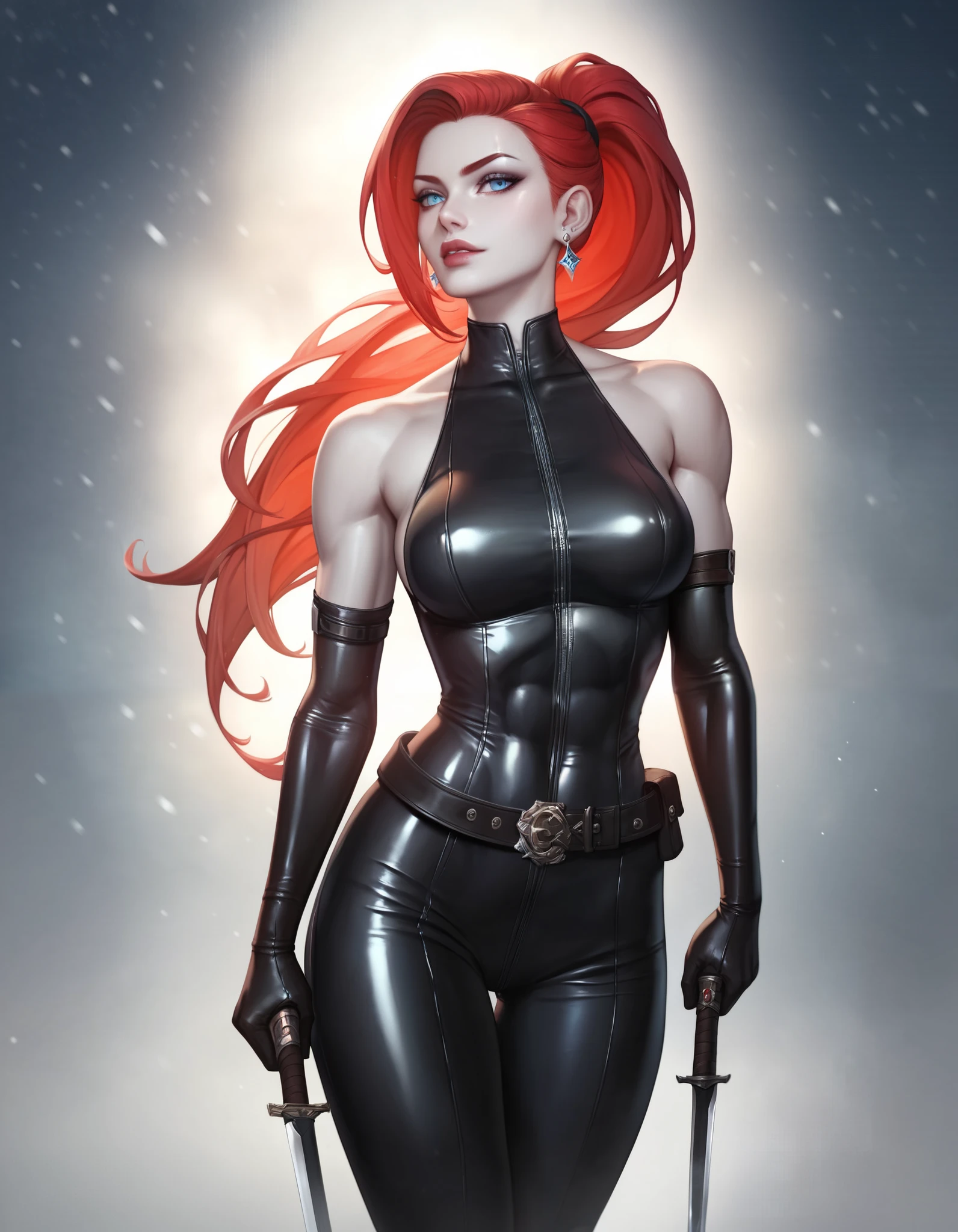 a woman with red lipstick has armor on and is holding a sword, kirijou mitsuru, 1girl, solo, hair over one eye, long hair, (((red hair))), (((red eyes))), weapon, rapier, sword, bodysuit, black bodysuit, grey bodysuit, hand on hip, (((large ))), simple background, white background, (purple theme:1.2)
