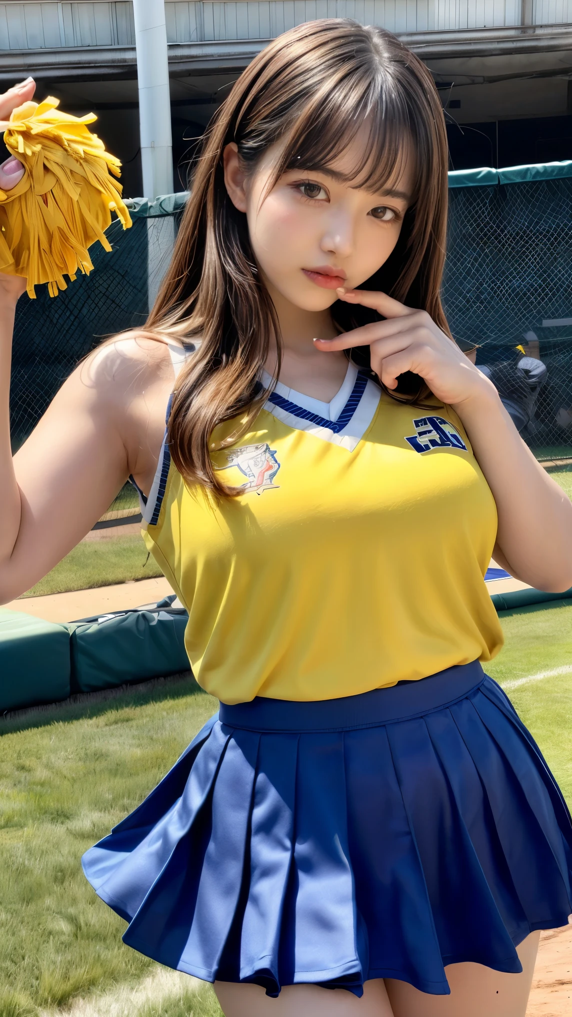masterpiece, best quality, illustration, Super detailed, fine details, High resolution, 8K,wall paper, perfect dynamic composition,(Details High quality, realistic depiction of eyes:1.3),BREAK (cheerleader uniform with yellow as basic color:1.3), (holding a yellow pompoms in hand:1.4), (sleeveless yellow tunic with baseball team logo:1.4), yellow tops, (bold V-neck:1.3), ((Blue lines, black lines) on tops:1.3), ((fit and flare, A-line):1.3), (A-line yellow rah-rah skirt:1.3), mini skirt, (black socks:1.3), (sports shoes:1.2), sitting, open legs, short bob hair, in a hotel room in the background, deep on field, large breasts, black hair color, Big Natural Color Lip, (perfect body shape), crying a little、Harajuku style、20 year old girl、cute type、beautiful legs, Gravure Idol
